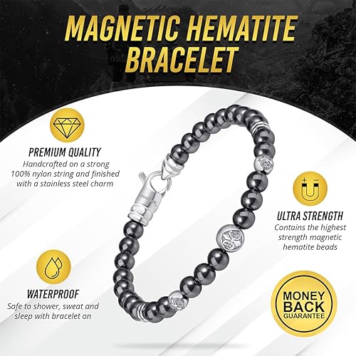 Miniatura 3 de MagnetRX Pulsera magnética de hematita, piedras magnéticas de máxima fuerza con dijes de acero inoxidable, elegantes pulseras magnéticas de cuentas