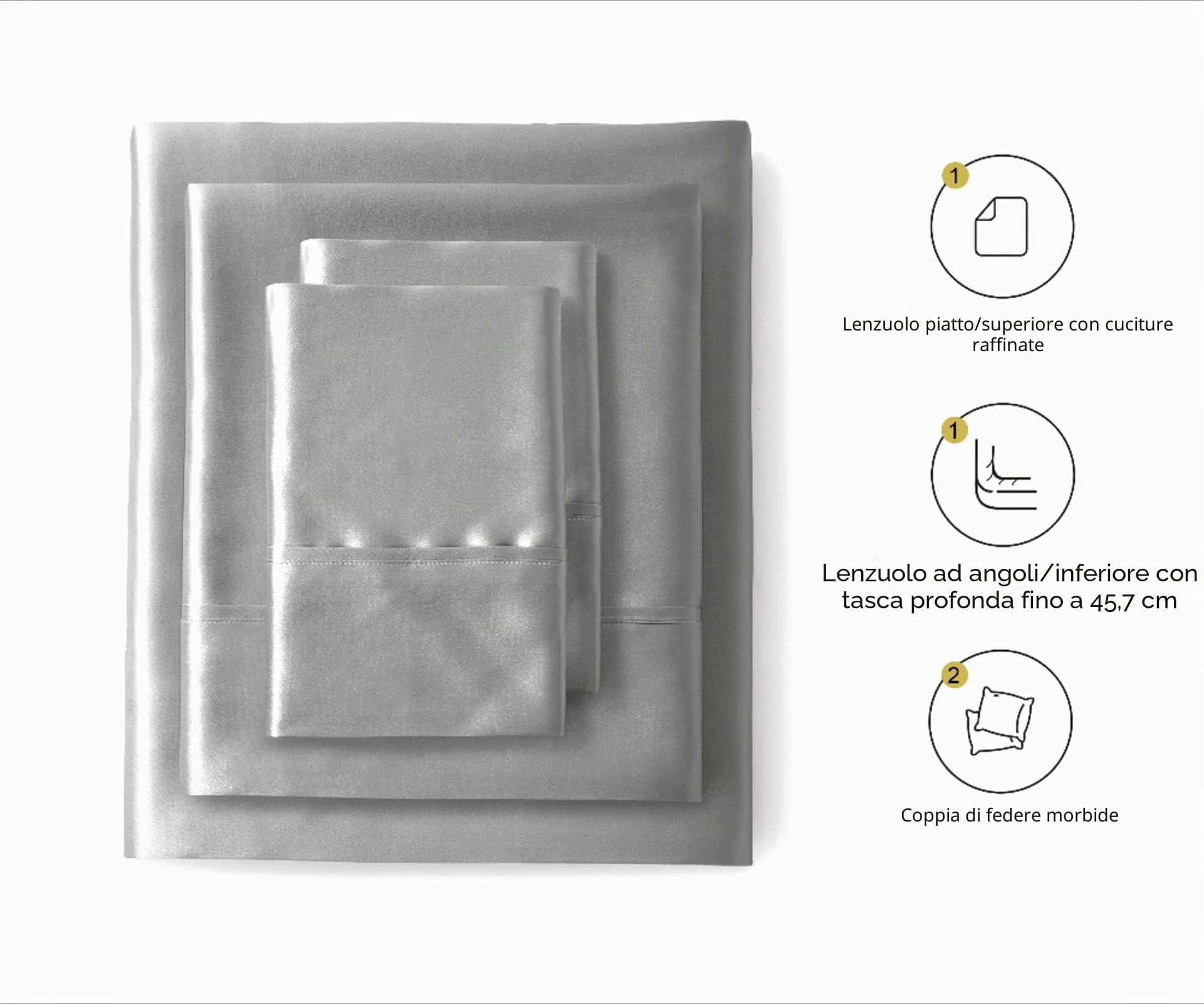 Lanest Housing Set di lenzuola in raso di seta, 4 pezzi, per letto matrimoniale, con tasche profonde, lenzuola in raso rinfrescanti, morbide e ipoallergeniche, colore grigio chiaro
