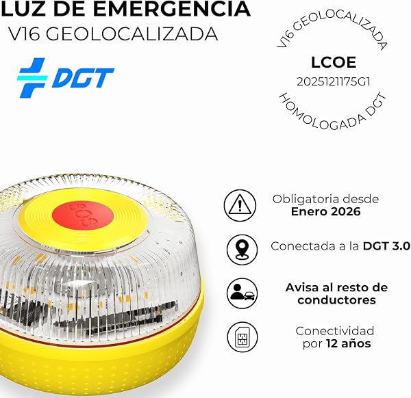 MIAC SAFETY LIGHT IoT Baliza V16 Homologada DGT con Geolocalización SIM y Datos Incluidos hasta 2038 - Luz Emergencia Coche Homologado DGT 3.0 - 2