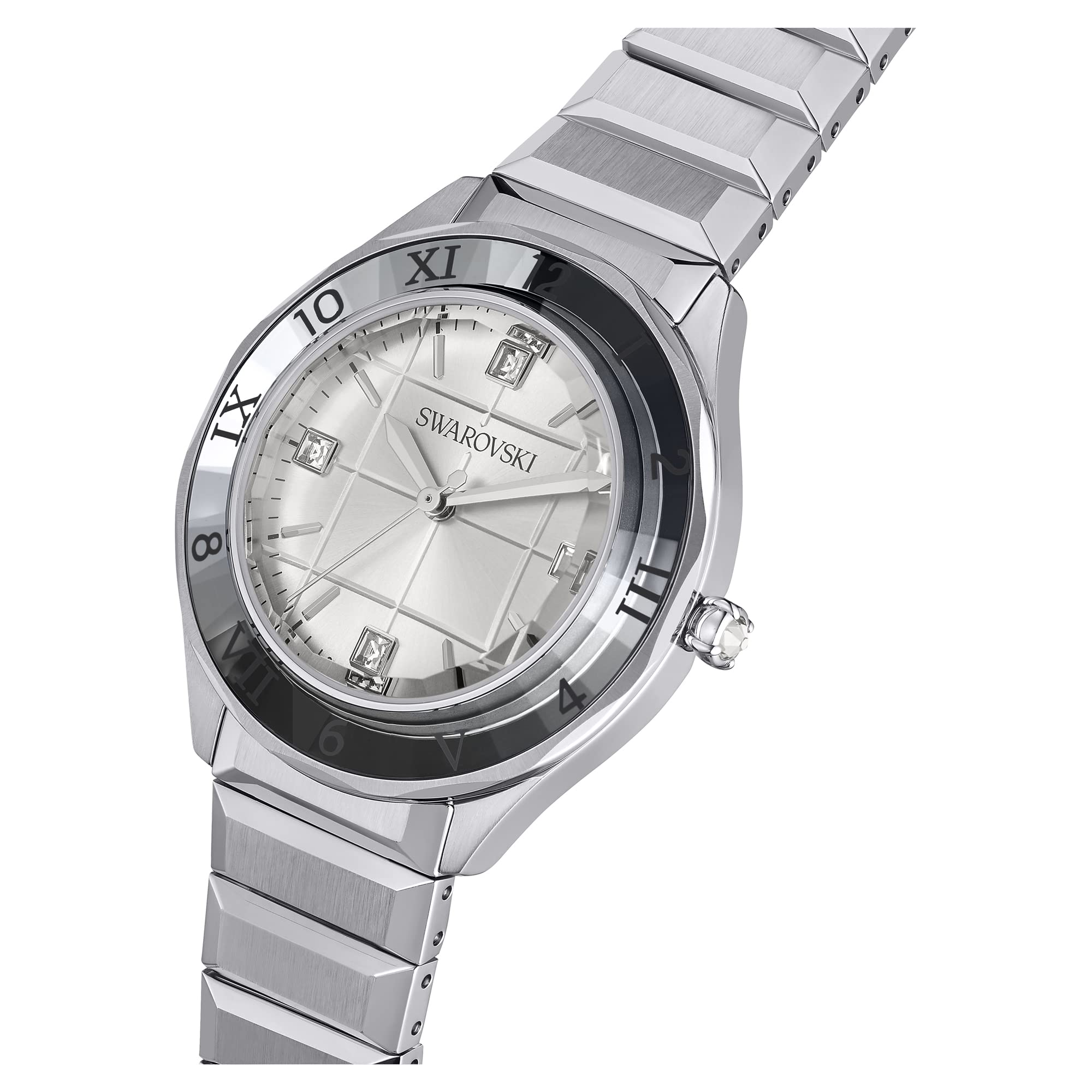 Swarovski Dextera Uhr, Edelstahl Damenuhr mit Silberfarbenem Gehäuse und Zifferblatt, Swarovski Kristallen und Metallarmband