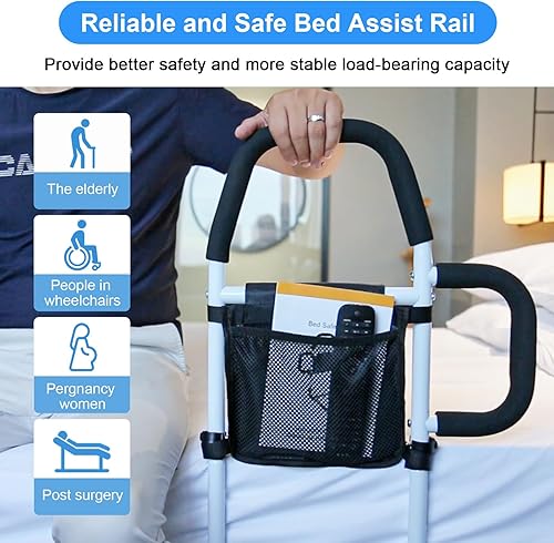 Miniatura 3 de WHOMEC Rieles de cama para seguridad de adultos mayores riel de asistencia de cama con barras de agarre dobles y protector de prevención de caídas y