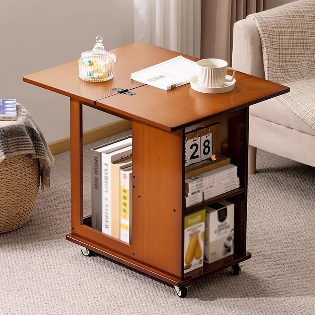 SXZenSpace Couch End Table with 360°Swivel Wheels, Foldable Small Side Tables Storage Shelf,Bamboo Folding Snack for Living Room,Bedroom,brown,A