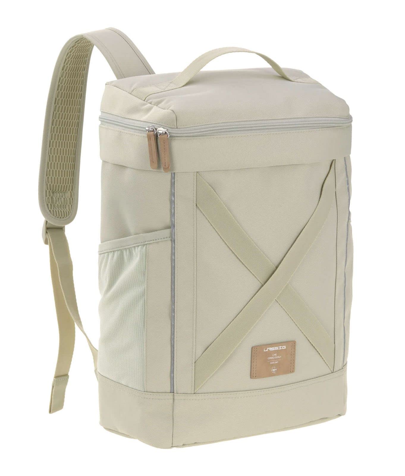 LÄSSIG Baby Wickelrucksack Wickeltasche Rucksack mit Wickelunterlage, Kinderwagenbefestigung, Flaschenhalter nachhaltig produziert/Cross Backpack Light Olive, 1103035562