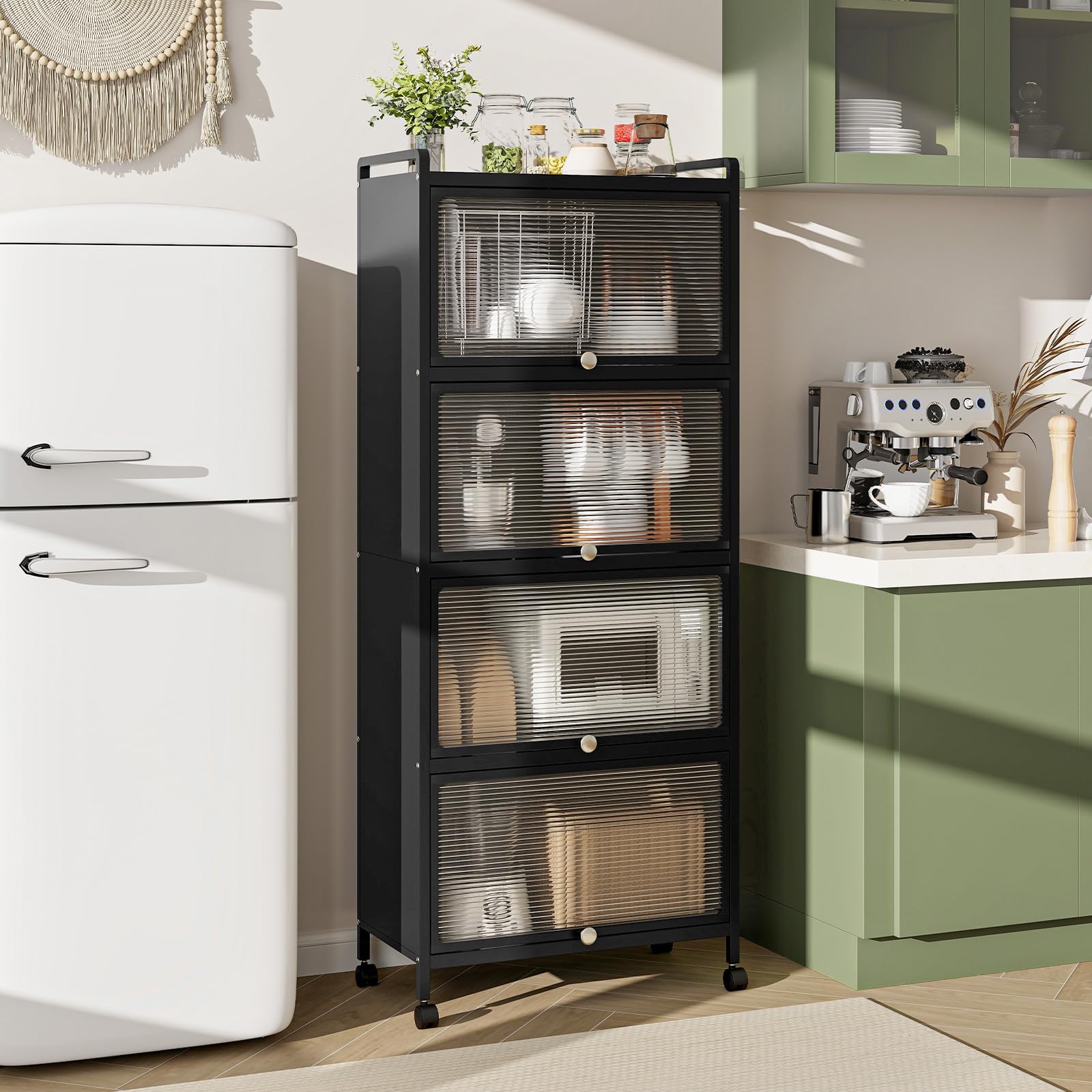 GIANTEX Armario de Cocina de Metal con 4 Compartimentos, 60 x 32 x 154 cm, 4 Puertas Abatibles de PC, Armario de Almacenamiento con 4 Ruedas con Kit Antivuelco, para Cocina, Comedor (Negro)