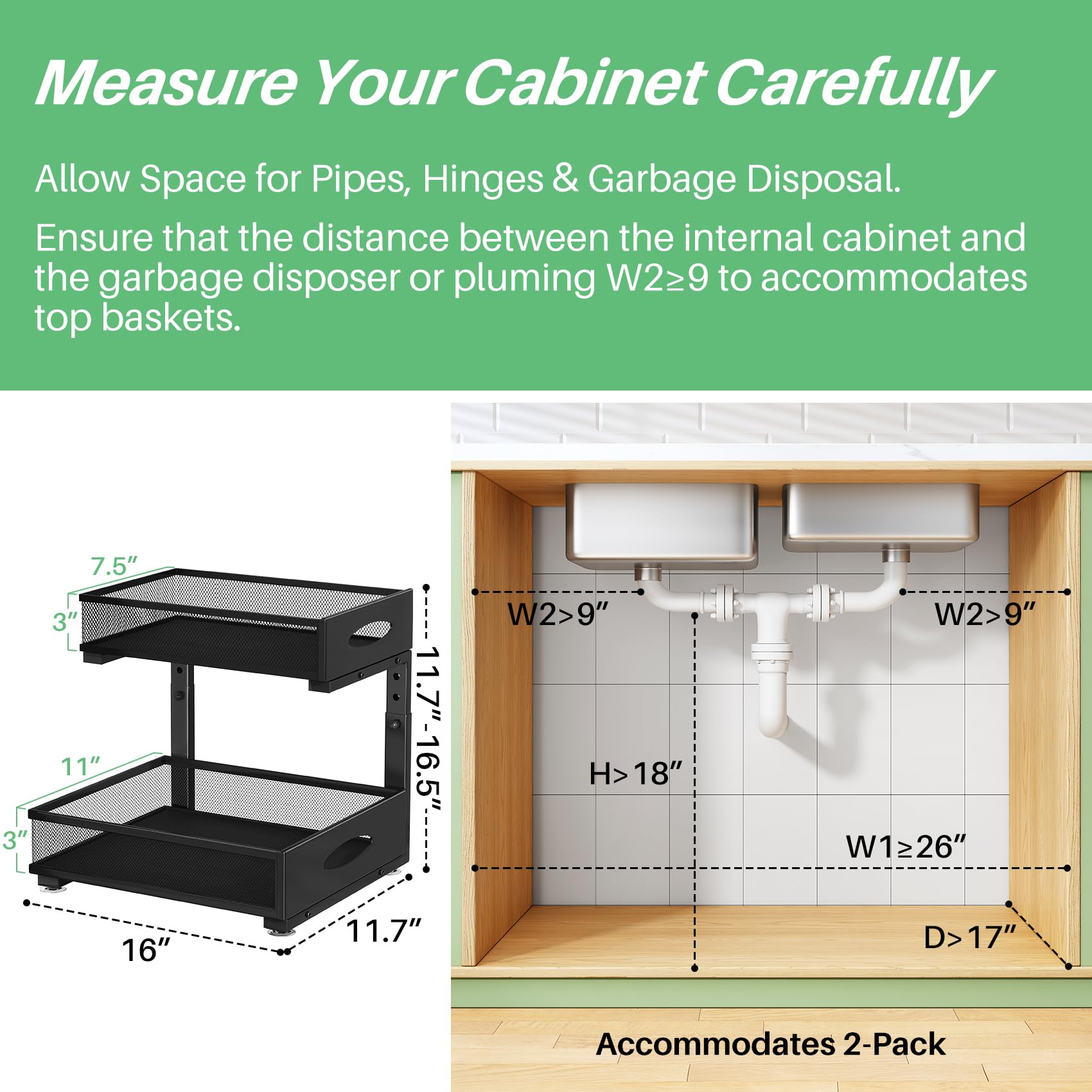 Kitstorack Organizador Bajo Fregadero Extraíble de 2 Niveles, Pack de 2, Cestas de Malla de Gran Capacidad, Estante Ajustable en Altura con Diseño en L para Cocina, Baño y Lavandería, Negro