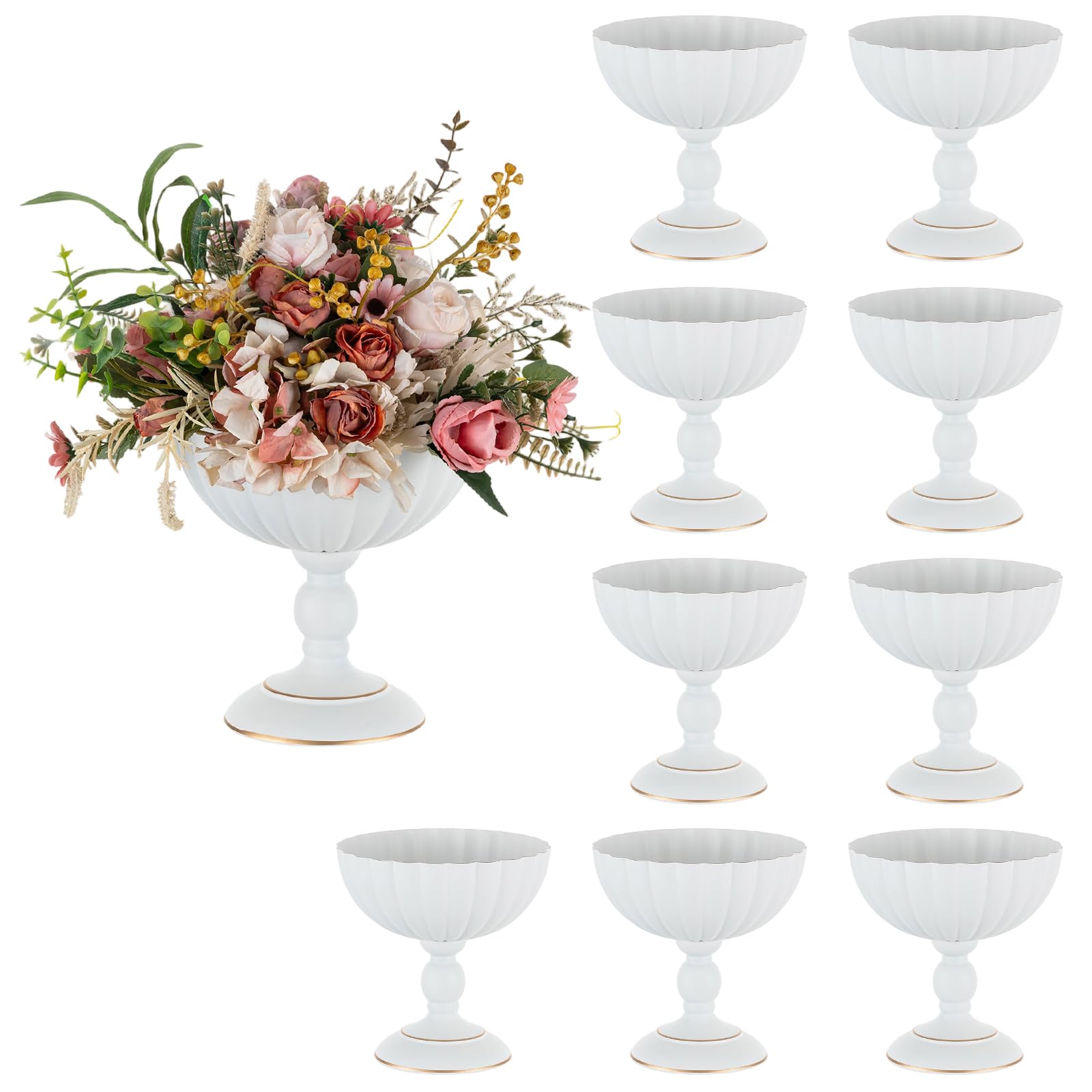 Sziqiqi Metall Weiß Urn Vasen Hochzeit: Vase Hoch für Tischdeko 10Stk | Dick, ⌀20cm/ H20cm/ T8cm, Hohe Sockel, Weite Öffnung für Kunstblume, Vintage, Hochzeitdeko, Taufe, Esstisch, Party, Landhaus