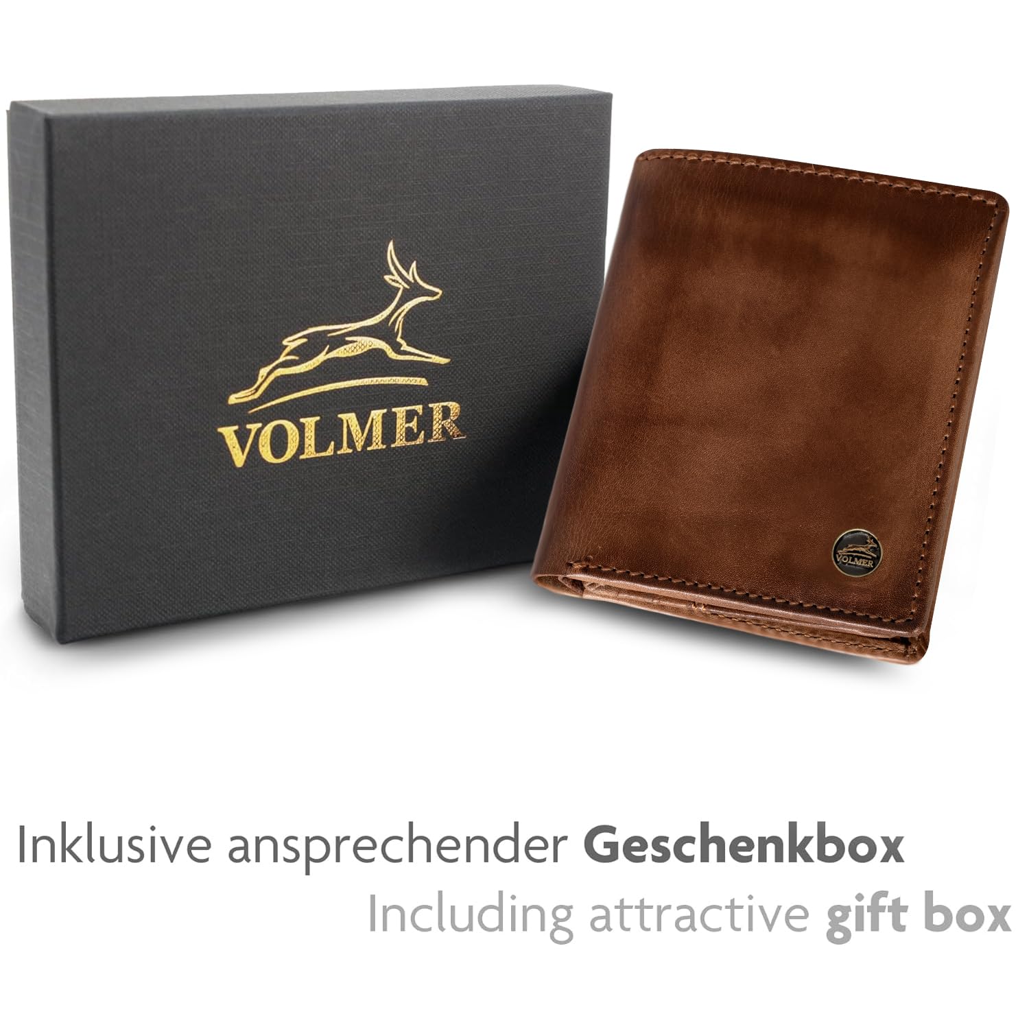 Fa.Volmer VO47 - Cartera de piel auténtica, protección RFID, 9 compartimentos para tarjetas y monedero, incluye caja de regalo, marrón envejecido, medium, Clásico