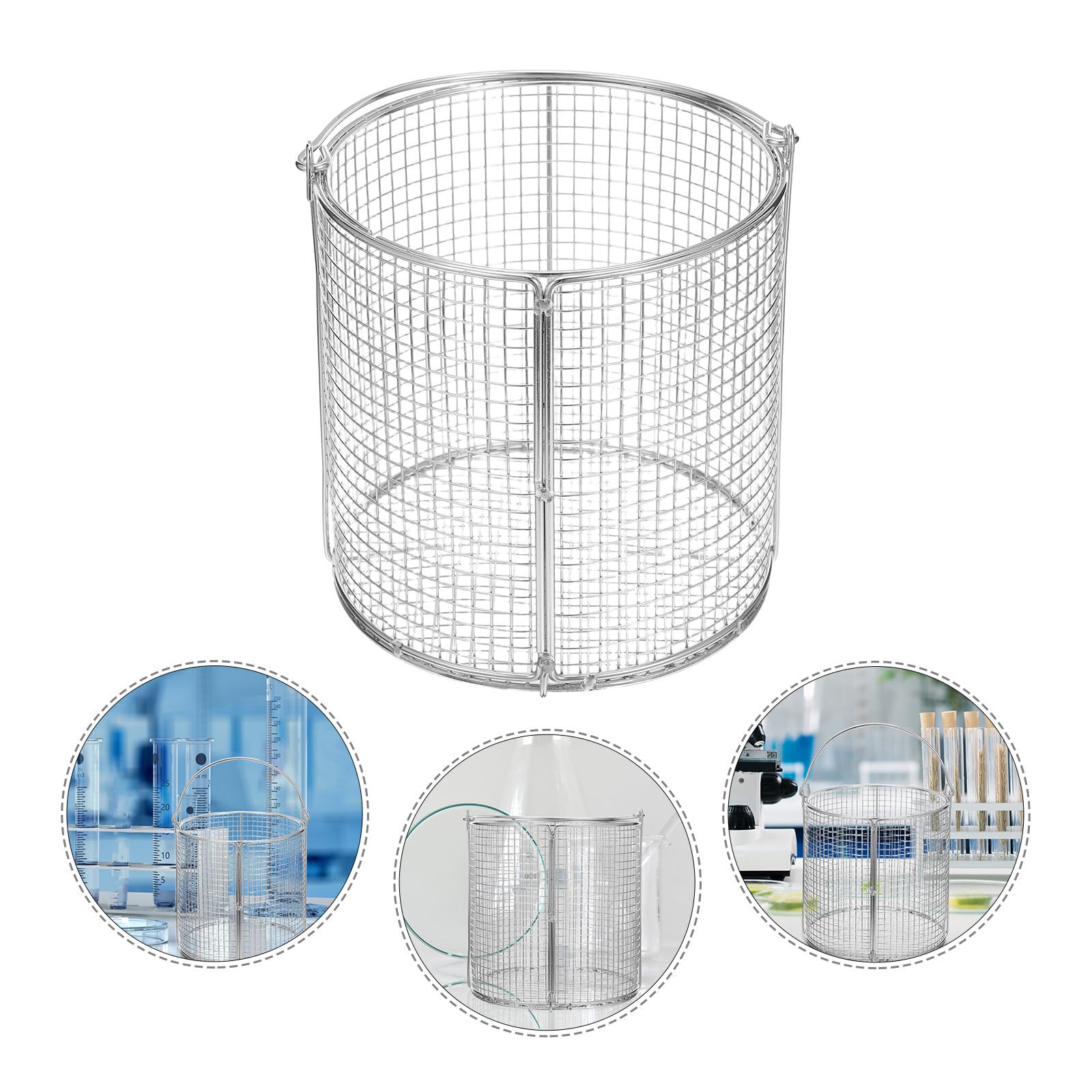 Generisch Reinigungskorb und Präzisem Lochdesign Hitzebeständig Runder Metall Wäschekorb Edelstahl mit Schwingendem Griff für Schallreiniger und Laboranwendungen für Präzise Teile