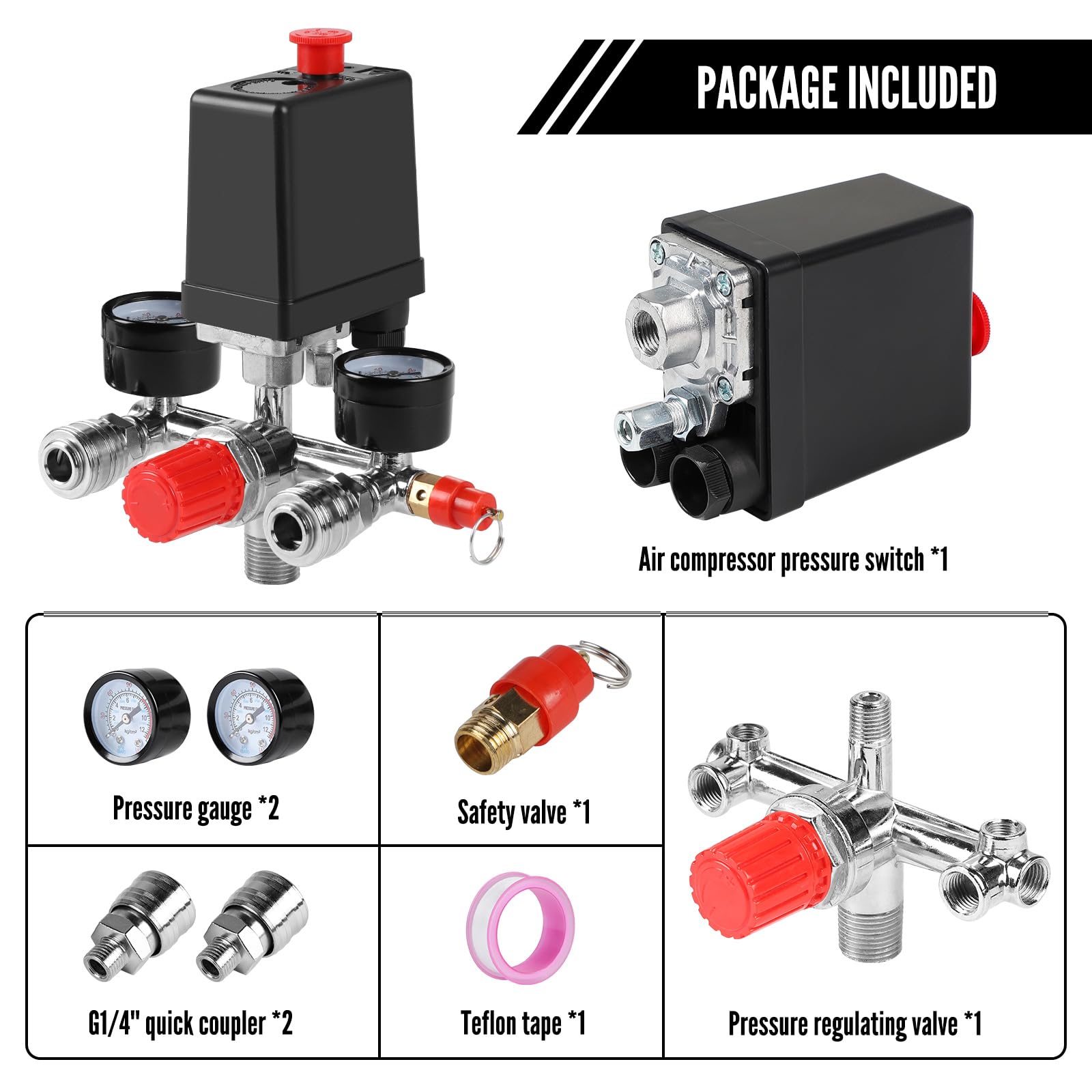 SWAWIS 240V Presostato Compresor Aire Interruptor de Presión Válvula para Compresor de Aire con Manómetro Válvula de Seguridad Acoplamientos, 90-120PSI, Rosca Exterior 1/2''(20mm)