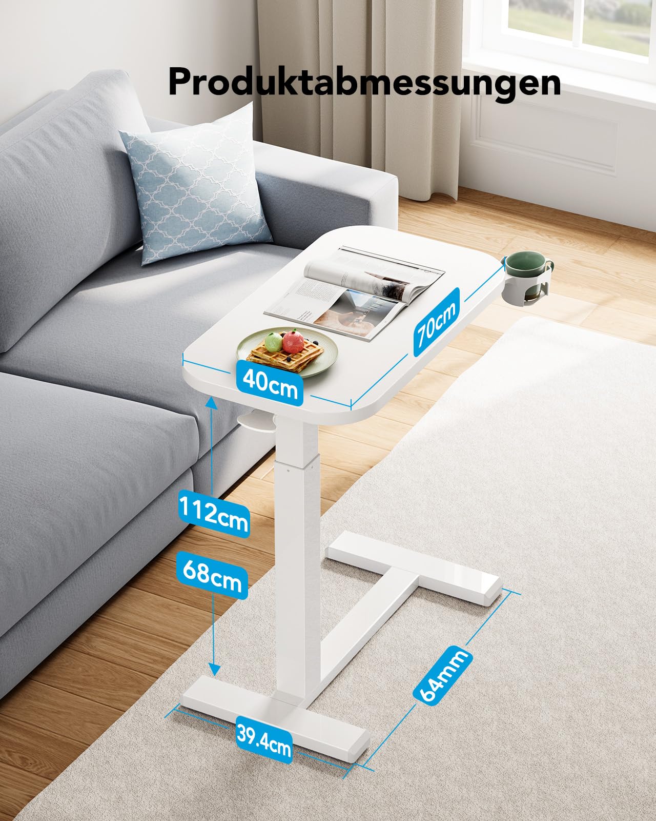 HUANUO Beistelltisch mit Rollen,Höhenverstellbarer Beistelltisch mit 70 x 40 cm große Tischplatte,Mobiler pneumatischer Kleiner Laptoptisch mit Becherhalter für Homeoffice, weiß