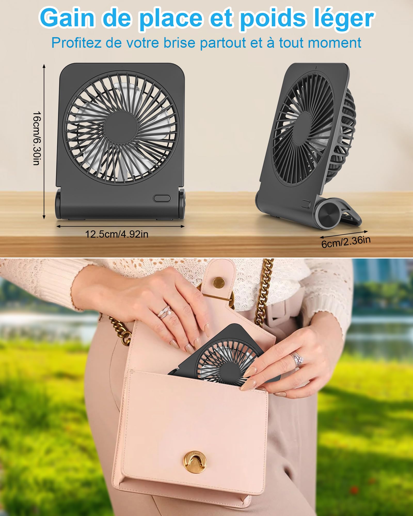Vankarr Mini Ventilateur Portable avec 4 Vitesses, Rechargeable Ventilateur USB Silencieux, 220° Pliable Vent fort Ultra pour Bureau, Maison, Chambre, Voiture, Camping en Plein, Extérieure, Noir