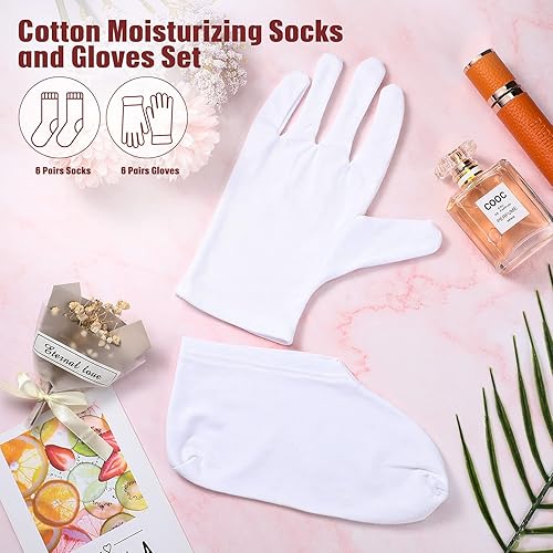 Miniatura 2 de Geyoga Juego de calcetines y guantes hidratantes, 6 pares de calcetines de spa y 6 pares de guantes blancos para manos y pies secos y agrietados,