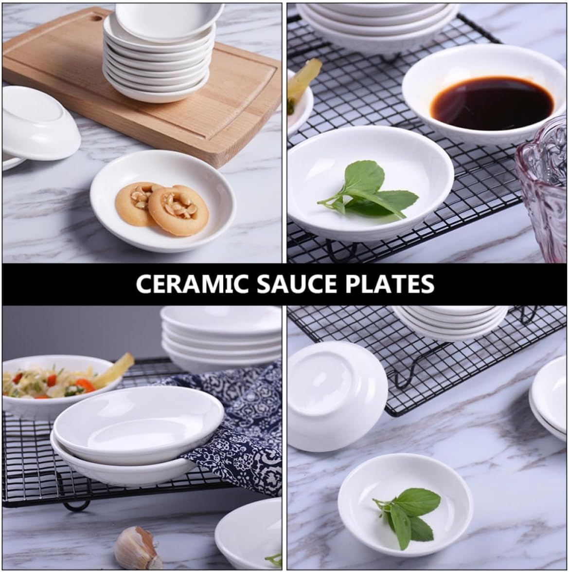 KOMBIUDA 6pcs White Ceramic Seasoning Plates Set for Sauce and Vinegar Dishes Sturdy and Practical Side Dishes for Bbq and Daily Use Kitchen Supplies