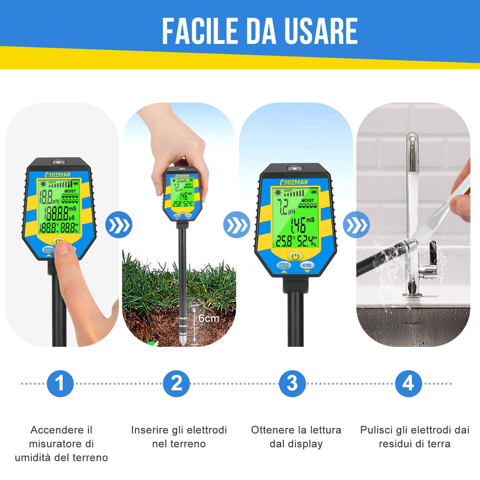UIUZMAR Misuratore pH del Terreno 6 in 1, pH EC Luce Umidità del Suolo | Piaccametro EC Accurato per Piante e Idroponica