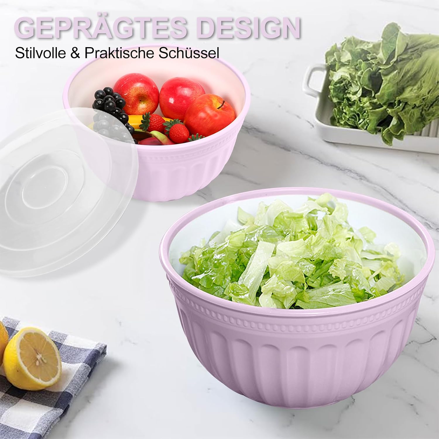 Salad Bowl Set with Lid, Large Mixing Bowl Set, 3 Pieces, 2 L/3 L/4 L, Stackable Large Bowls for Kitchen, Made of Premium Plastic, BPA-Free, Suitable for Dishwasher and Microwave (Pink) image 3