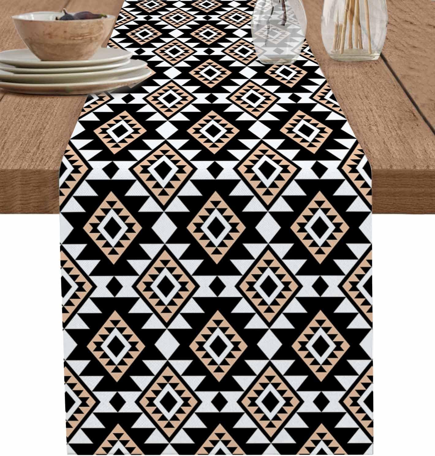 Boho Table Runner Black White Beige Ethnic Pattern Abstract Cotton Linen Table Runner 72 inches Long Tabletop Scarf Burlap Dining Table Decoration
