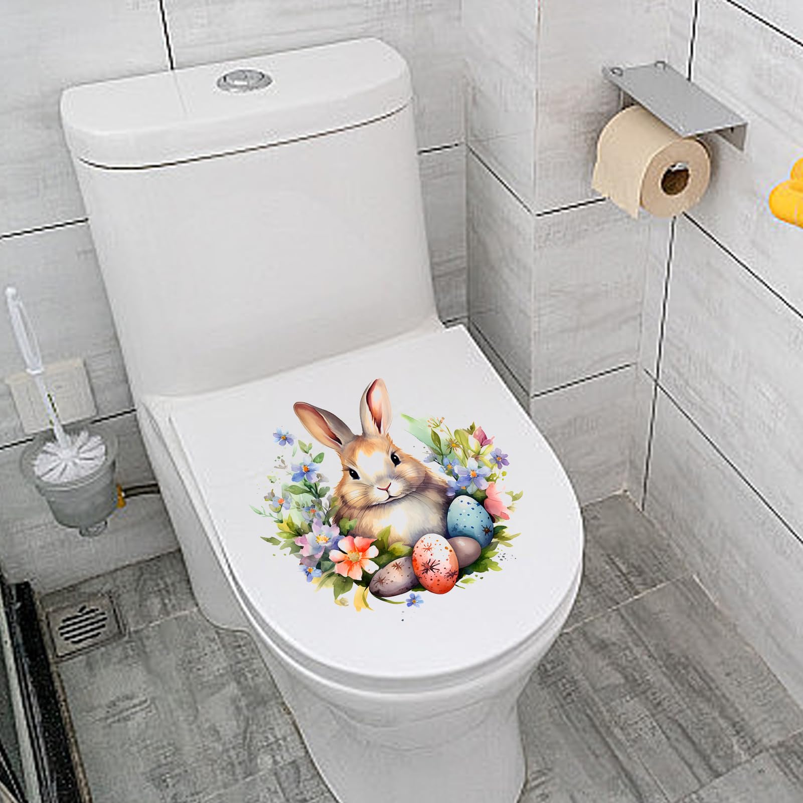 Autocollant Lapin De Pâques Décoratif - Motif Floral Mignon - Pour Toilettes, Mur, Salle De Bain - 30x30 Cm - 3