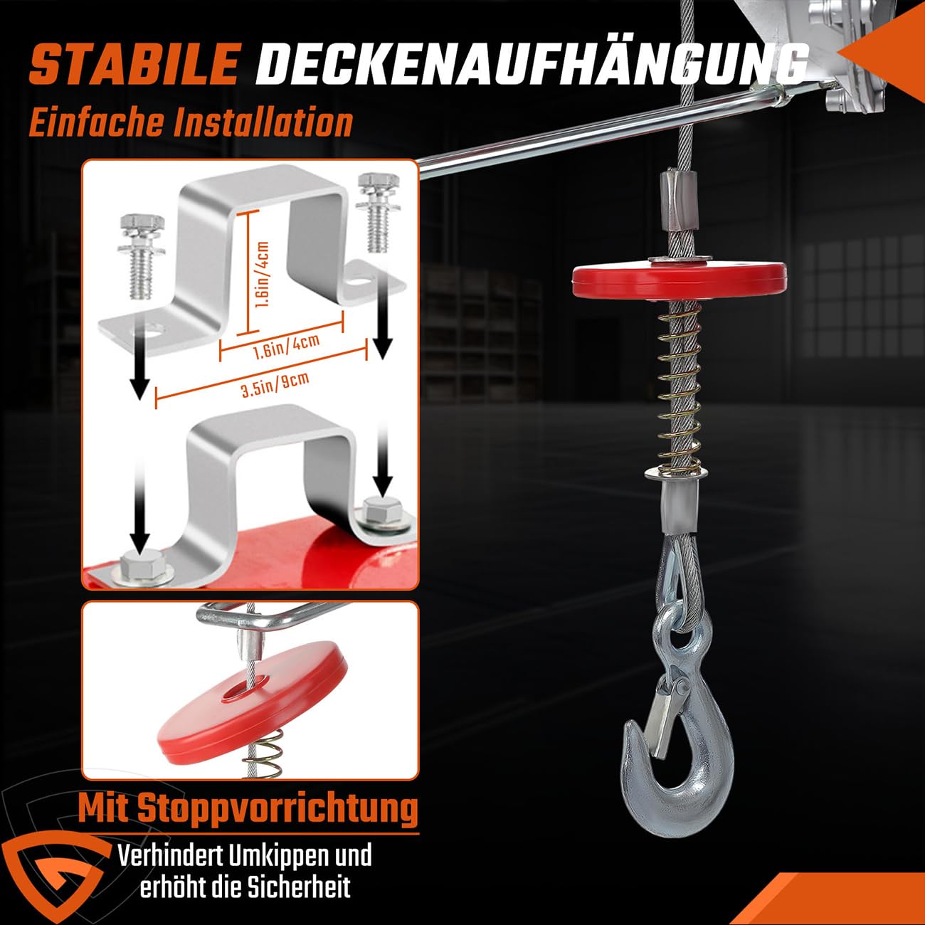 PA800 Elektrische Seilhebezug,elektrische Seilwinde, 400kg bis 800kg Elektrische Motorwinde, mit kabelloser Fernbedienung(100m),12m Hebezug Seilzug, Hohe Sicherheit mit Not-Aus-Schalter
