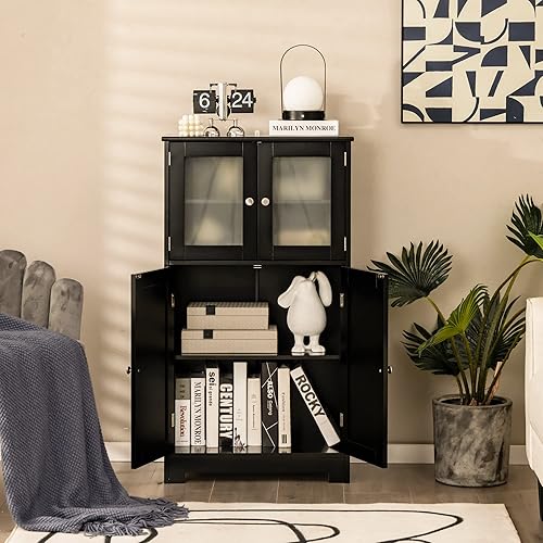 Miniatura 5 de LOKO Armario de piso de baño armario de almacenamiento independiente con puertas de cristal armario de cocina de madera con estante ajustable