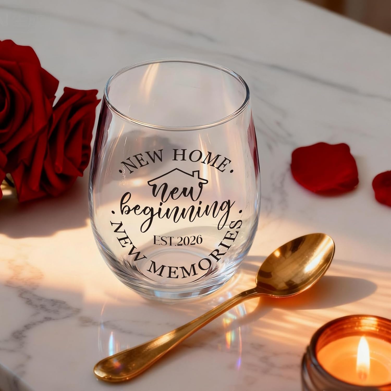 Housewarming Stemless Wine Glass & Bag & Candle Gift Set for New Homeowner, Unique Est.2026 New Home Closing gift -15oz wine glasses gift set for Home Buyers, Newlywed Couple, Clients, Friends-75
