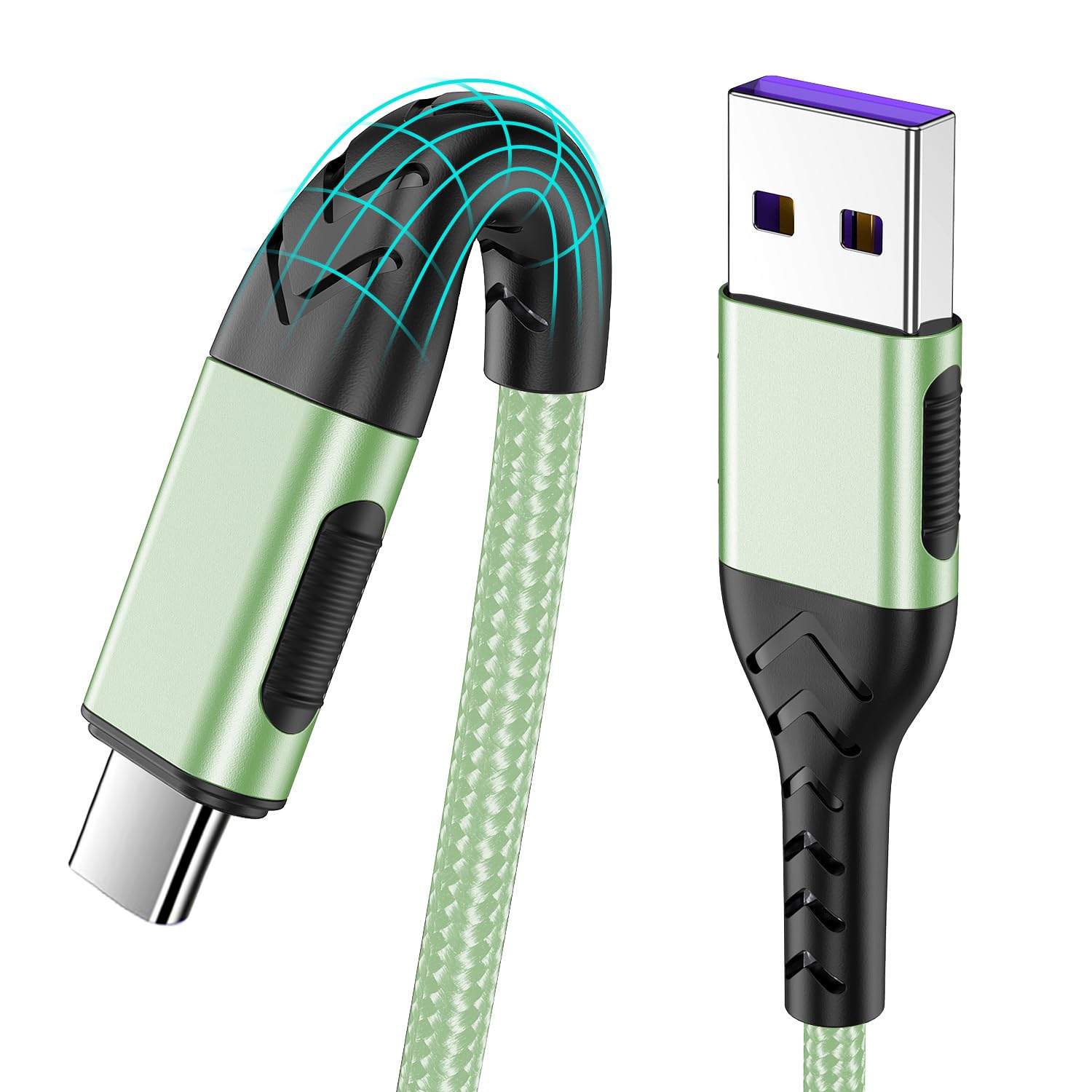 Durcord Cable de carga USB-C, 10 pies, cable trenzado de carga rápida, verde, paquete de 2