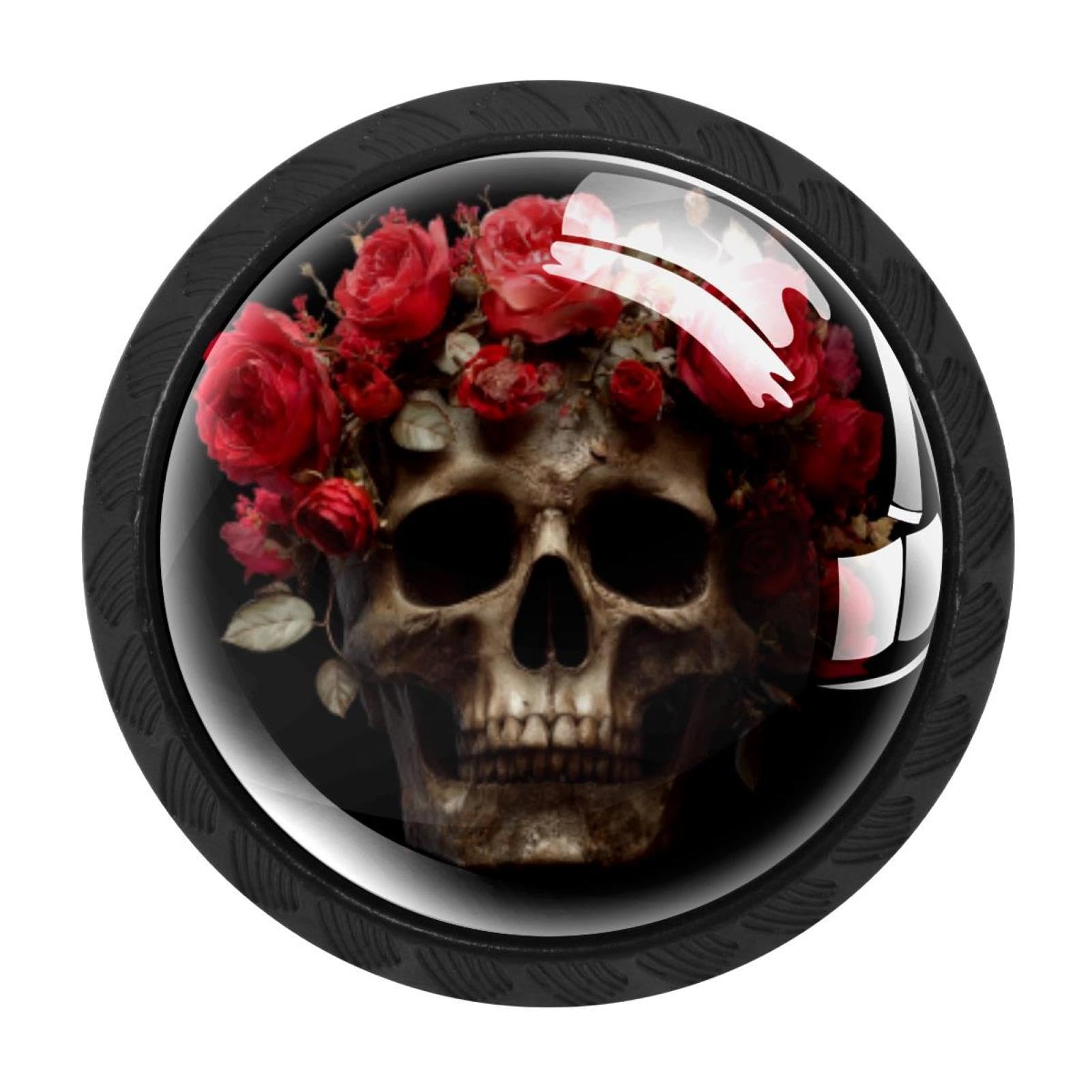 CHENZZZZ 4PCS Skull Roses (10) Dresser Knob Round Glass Drawer Knobs Pulls Cabinet Handle for Home Kitchen Office Bathroom Wardrobe Cupboard