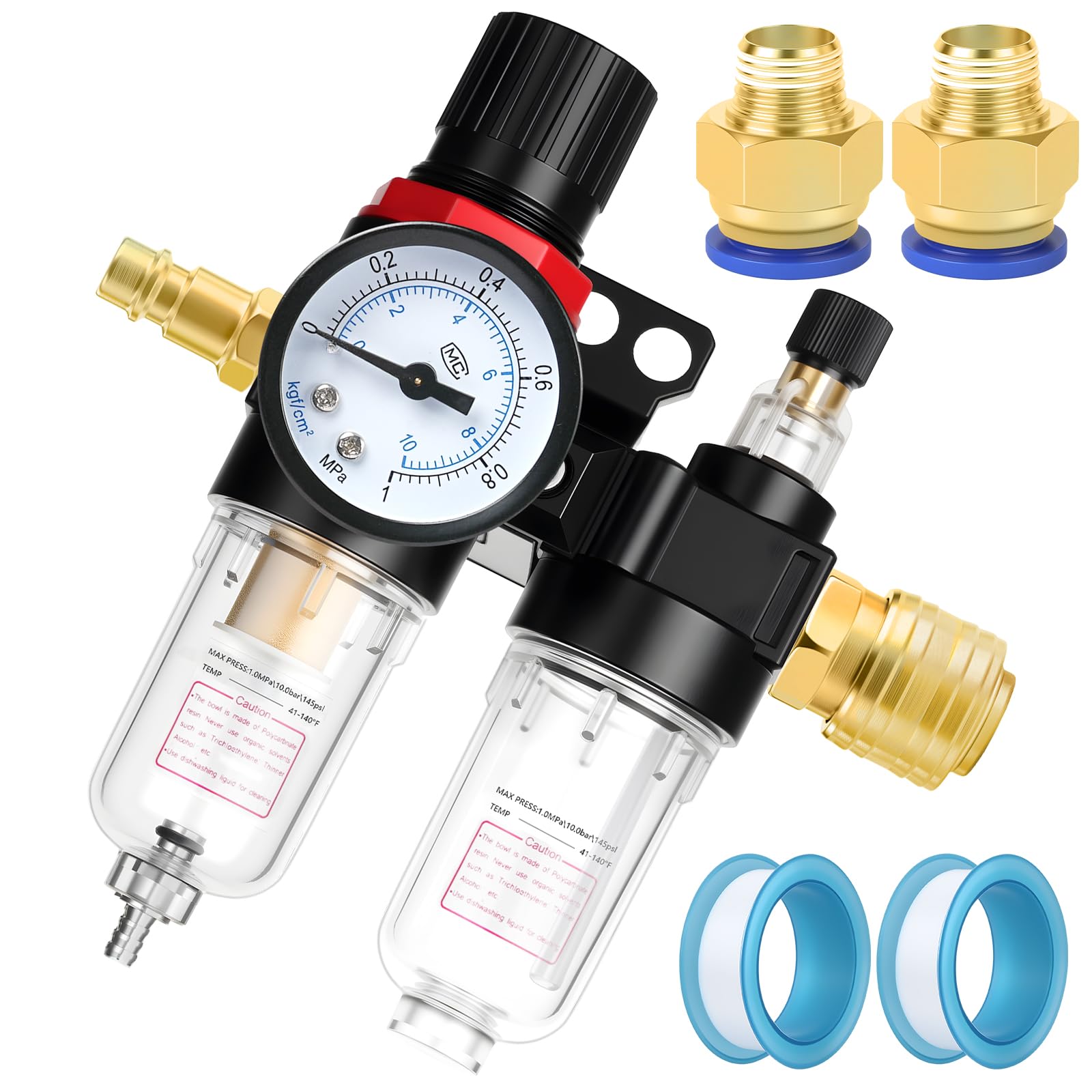 ANOMM 1/4" Air Pressure Regulator  Compressed Air Pressure Regulator Inline with Water Separator  Quick Couplings for Compressor Filter  Air Compressor Accessories Tools Kit for Air Tools
