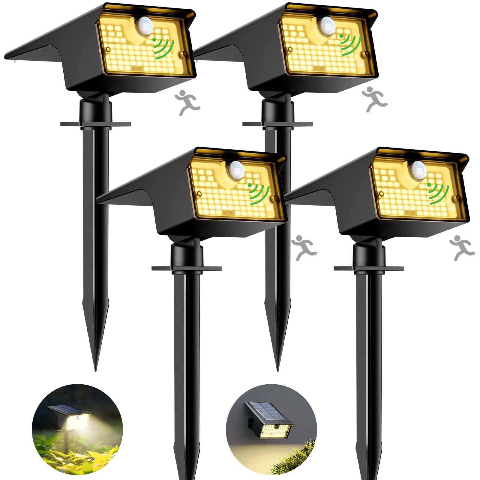 nipify 62LED-3 Modes Faretti Solari a LED da Esterno con Sensore di Movimento, 4 Pezzi Luci Lampade Solari da Giardino Potenti, IP65 Impermeabile Lampada Solare per Cortile, Vialetto, Bianco Caldo