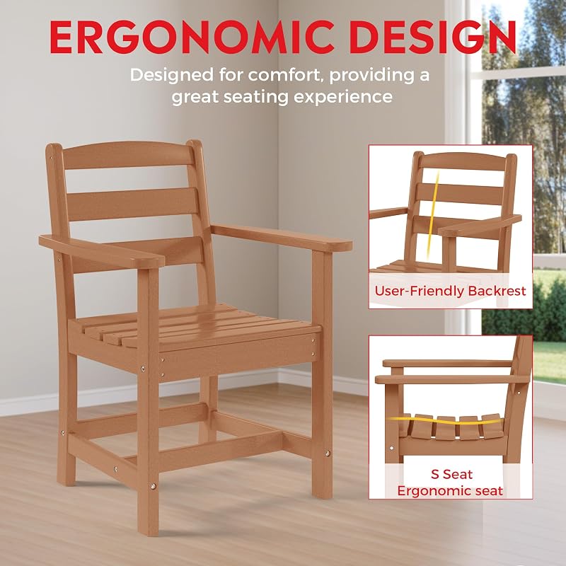 Costaelm Garden Dining Chair, Outdoor Patio Adirondack Chair with Arm, HDPE Poly Lumber, Waterproof Restaurant Bistro Dining Chair for Outside Porch Backyard, Teak image 6