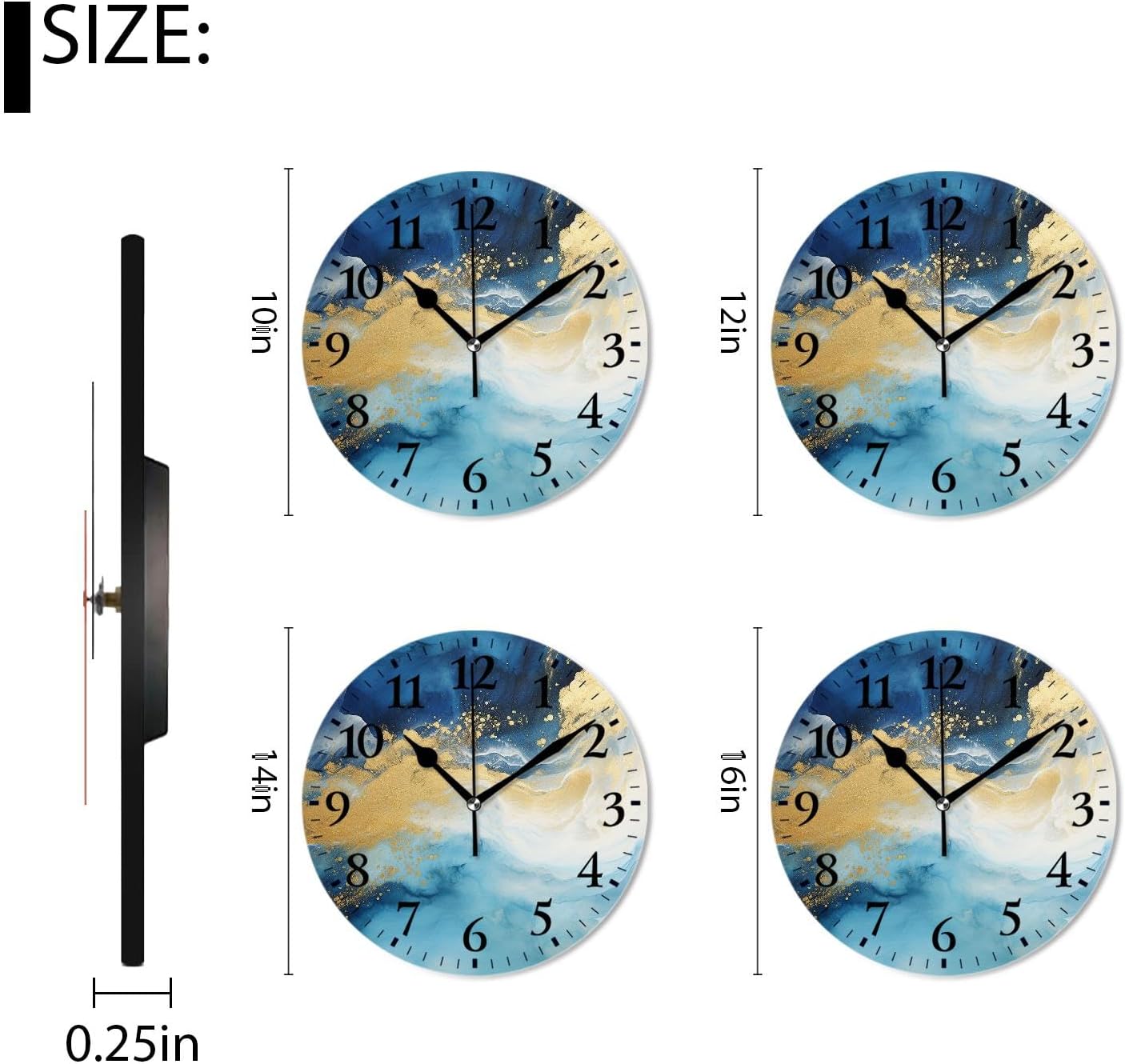 Non-Ticking Sweep Movement Wall Clock Battery Operated Analog Wall Clocks Decorative for Bedroom,Office,Living Room-Gold and Blue Marble Abstract Painting(12inch)