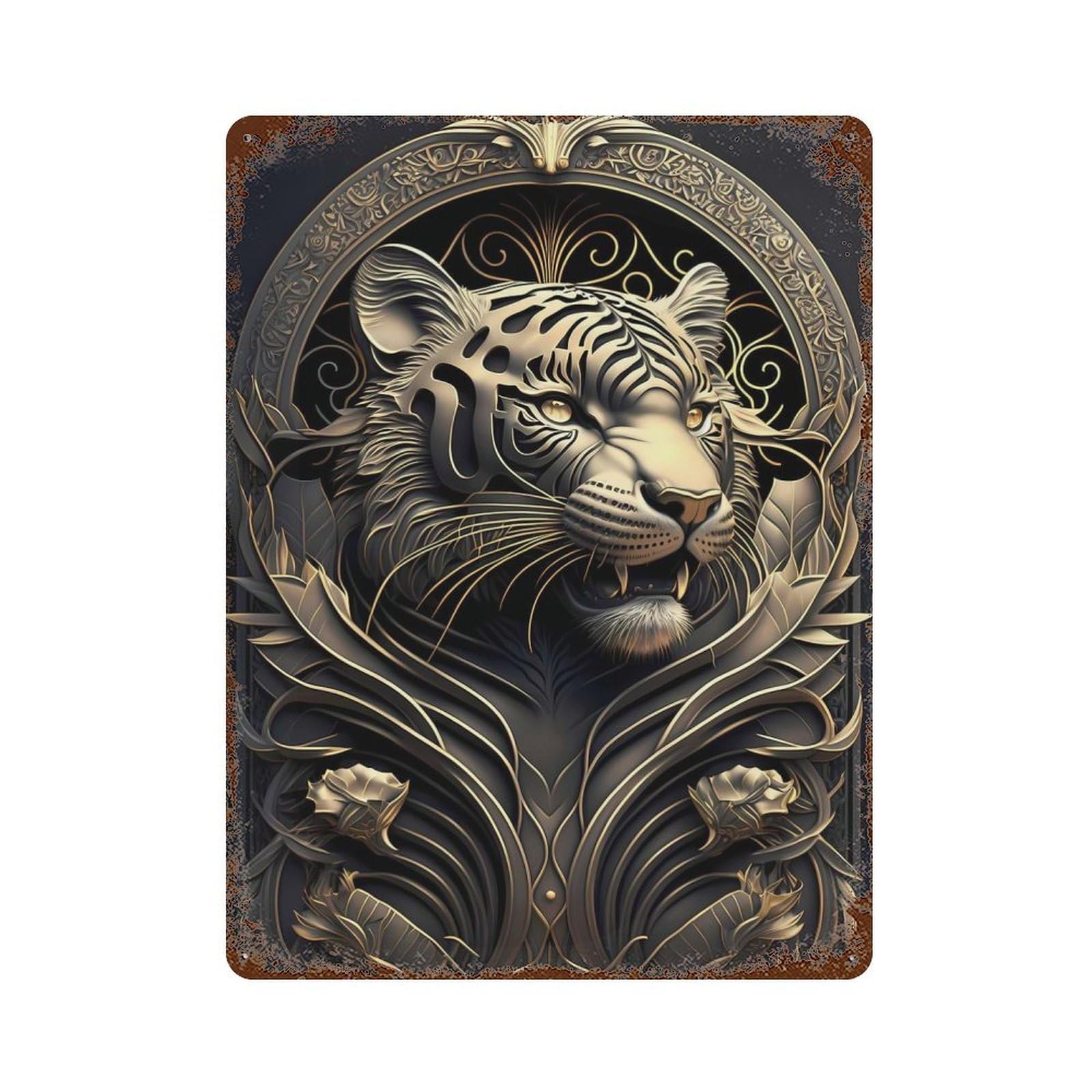 Rust Effect Tiger Golden Nature Weathered Tin Sign 15.7"x11.8", Novelty Wall Decor for Office, Studio And Wall Decor