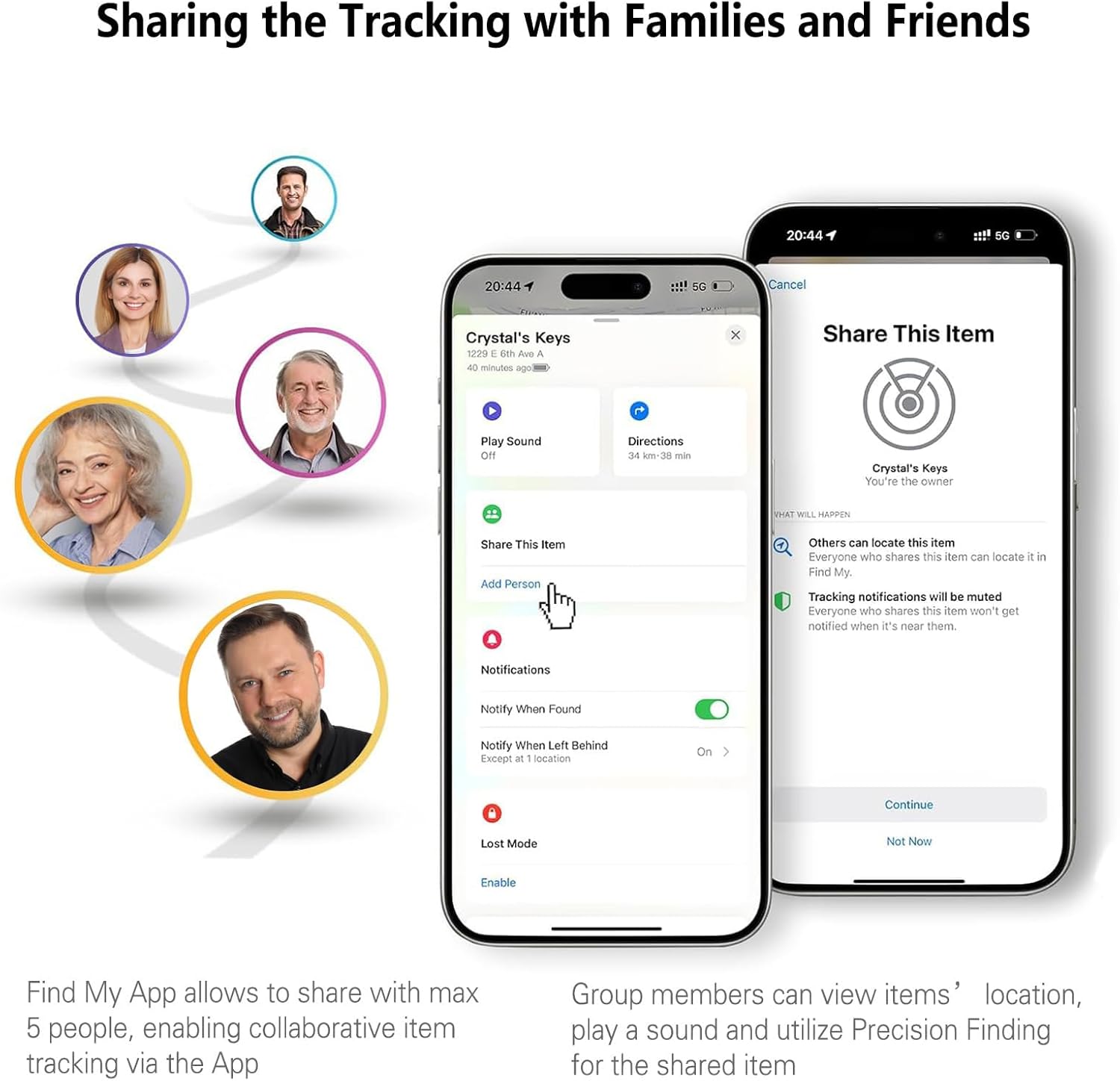An iPhone displaying the 'Share This Item' interface in the Find My app, with icons of multiple people connected to a shared item.
