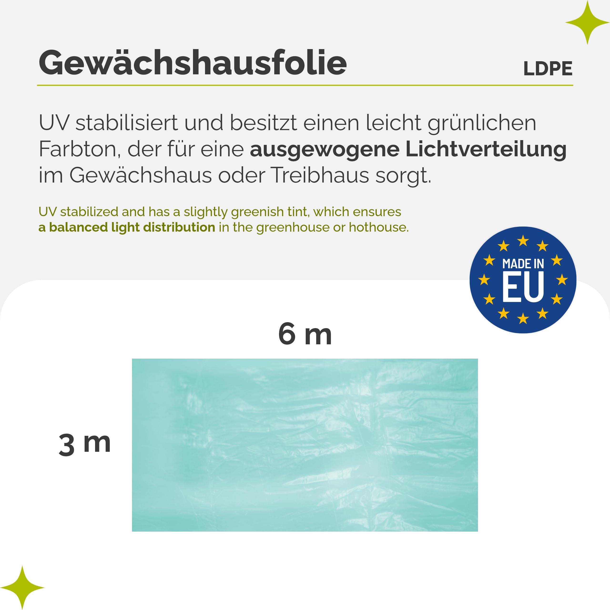 Garronda Gewächshausfolie 6x3 m (Länge x Breite) 3-Schichtig UV Stabilisiert Reißfeste Folie für Gewächshaus Tunnelfolie Folientunnel und Treibhaus Abdeckfolie für Garten GD-0198 Grün
