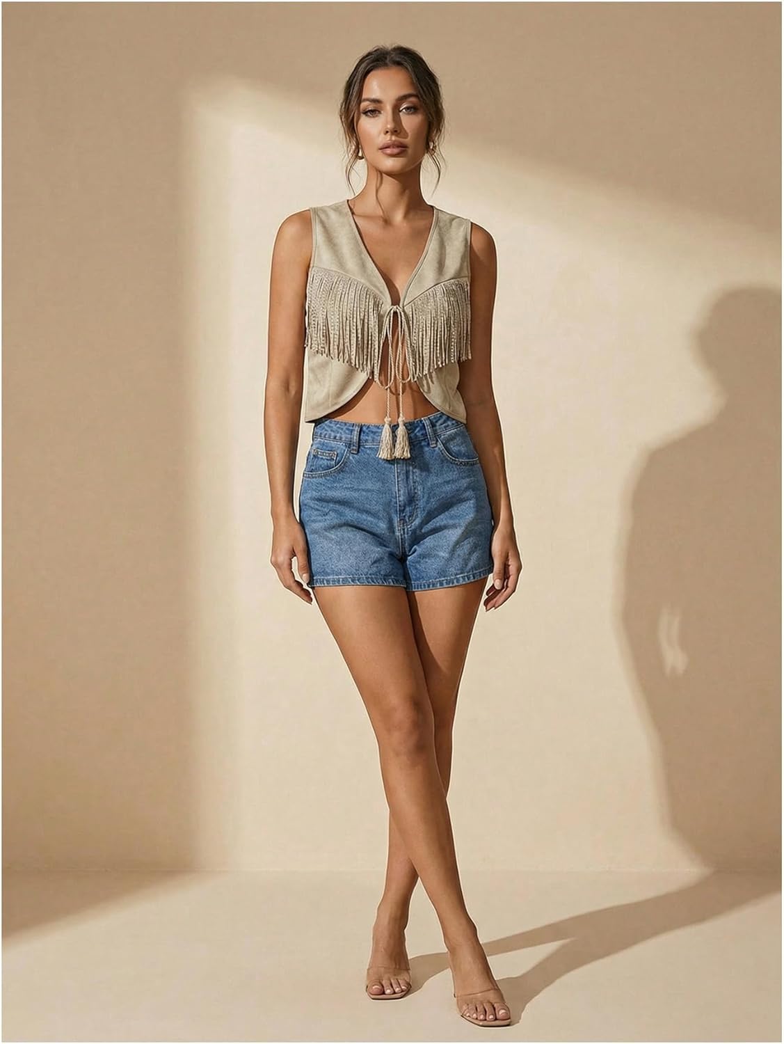 OYOANGLE Women's Studded Fringe Trim Tie Front Vest Top Boho Outfits 70s Hippie Western Cowgirl Sleeveless Jacket Outerwear - Image 5