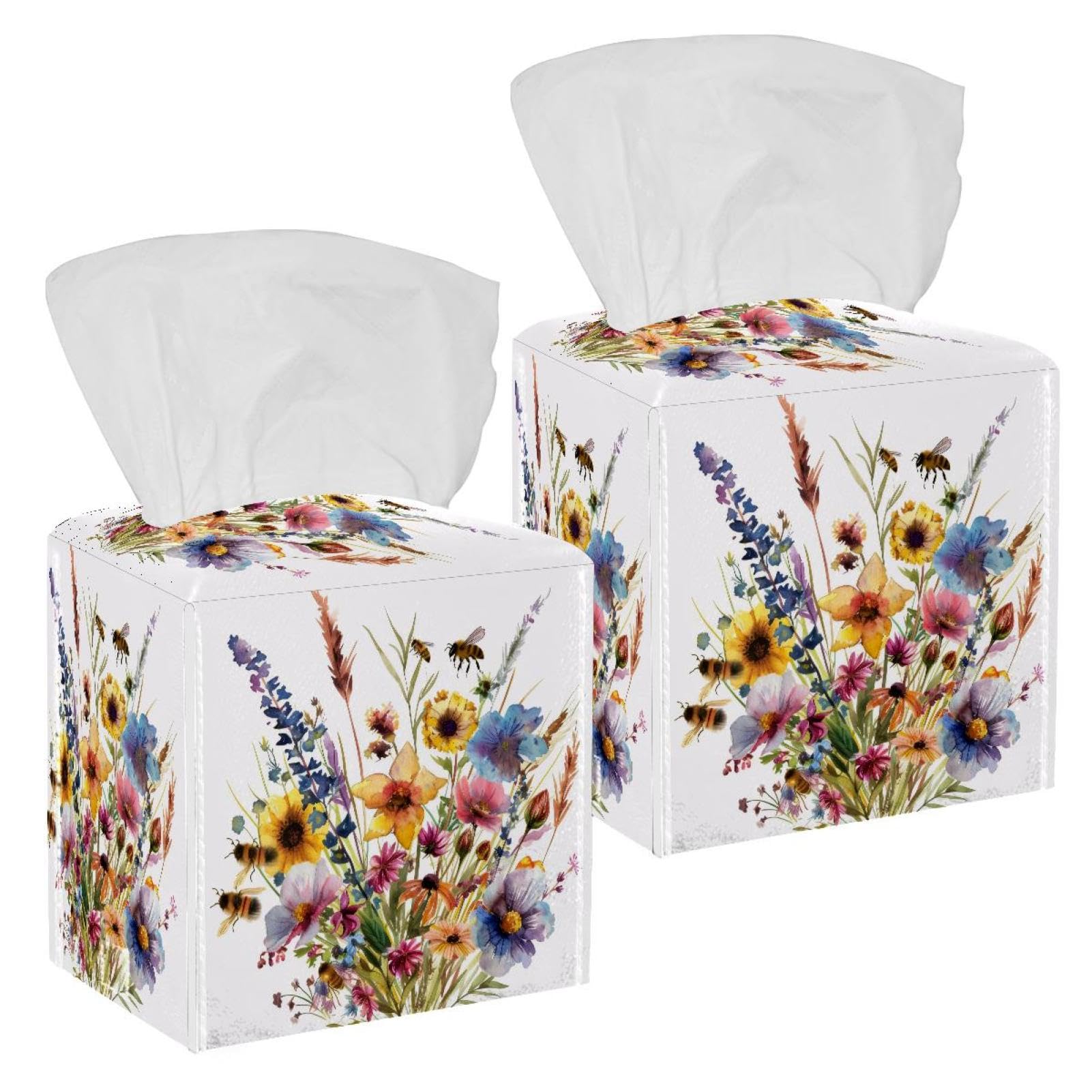 Watercolor Wildflowers and Bee Tissue Box Cover, 2 Pack PU Leather Square Facial Tissue Dispenser Box holder for Home Office Car