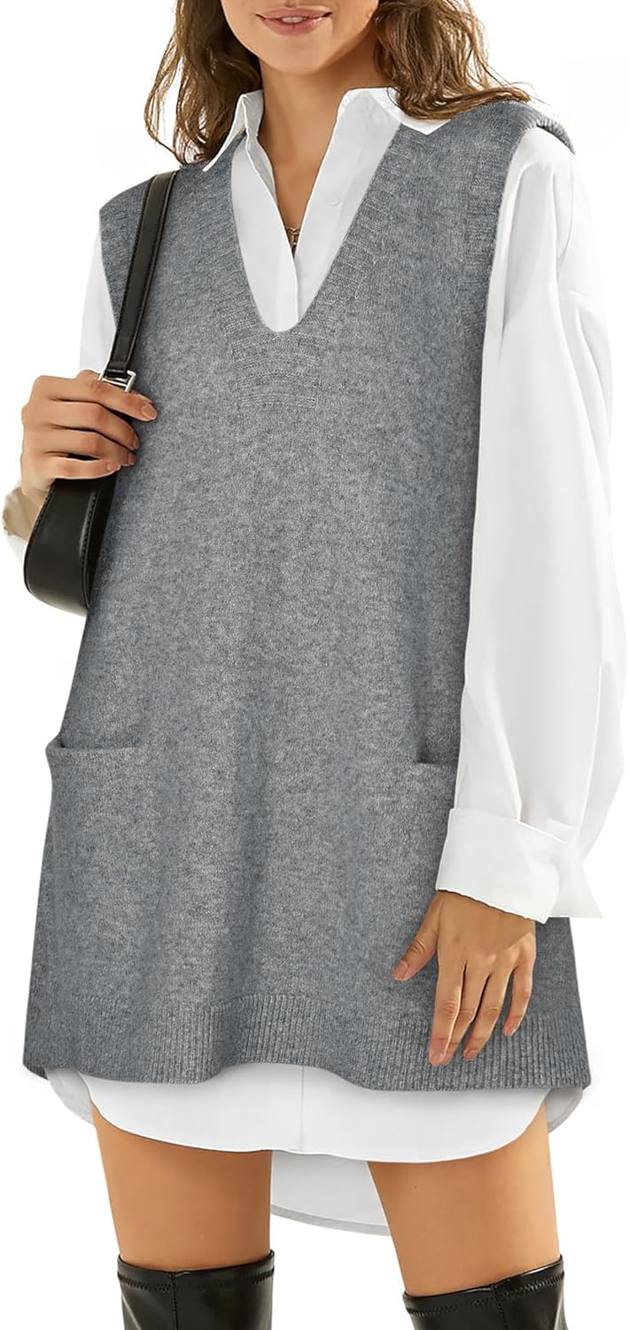 Sweater Vest Women Sleeveless V Neck Oversized Knit Tops Tunic Dress with Pockets Fashion 2026 Spring Clothes - Image 4