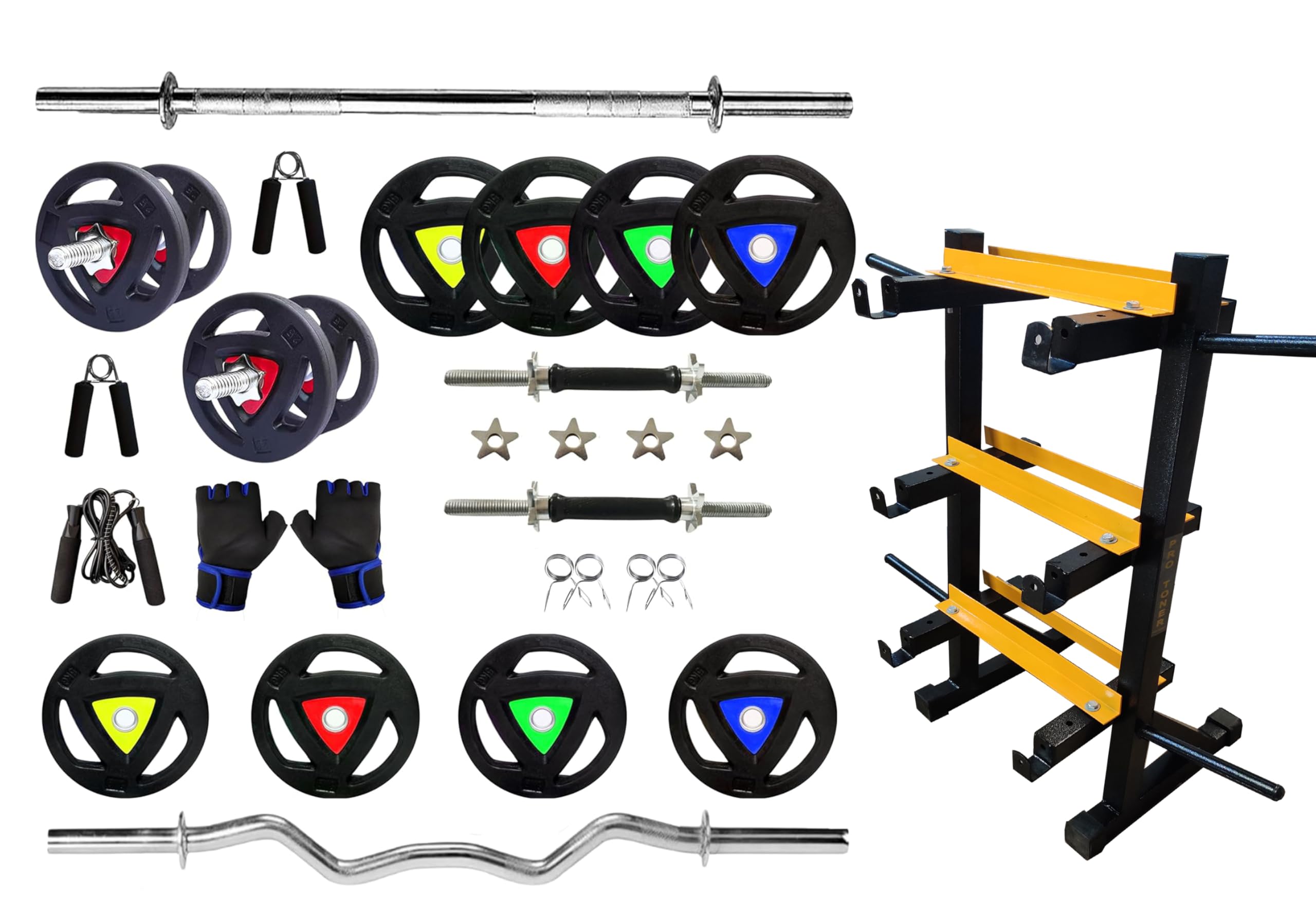 Protoner Professional Home Gym Set, Adjustable Rubber Coated Weight with 5 Ft Straight, 3 Ft Curl Rod, Metal Rubber Weight Plates (30 mm Hole), Multipurpose Dumbbell Rack (40Kg+Rack)-image-23