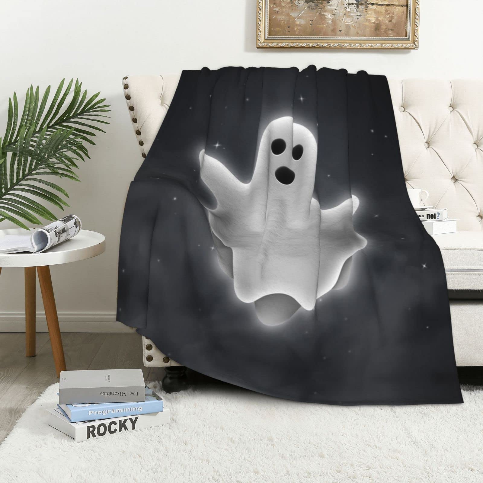 Couverture fantôme Halloween en polaire douce pour cocooning automnal sur canapé et sofa