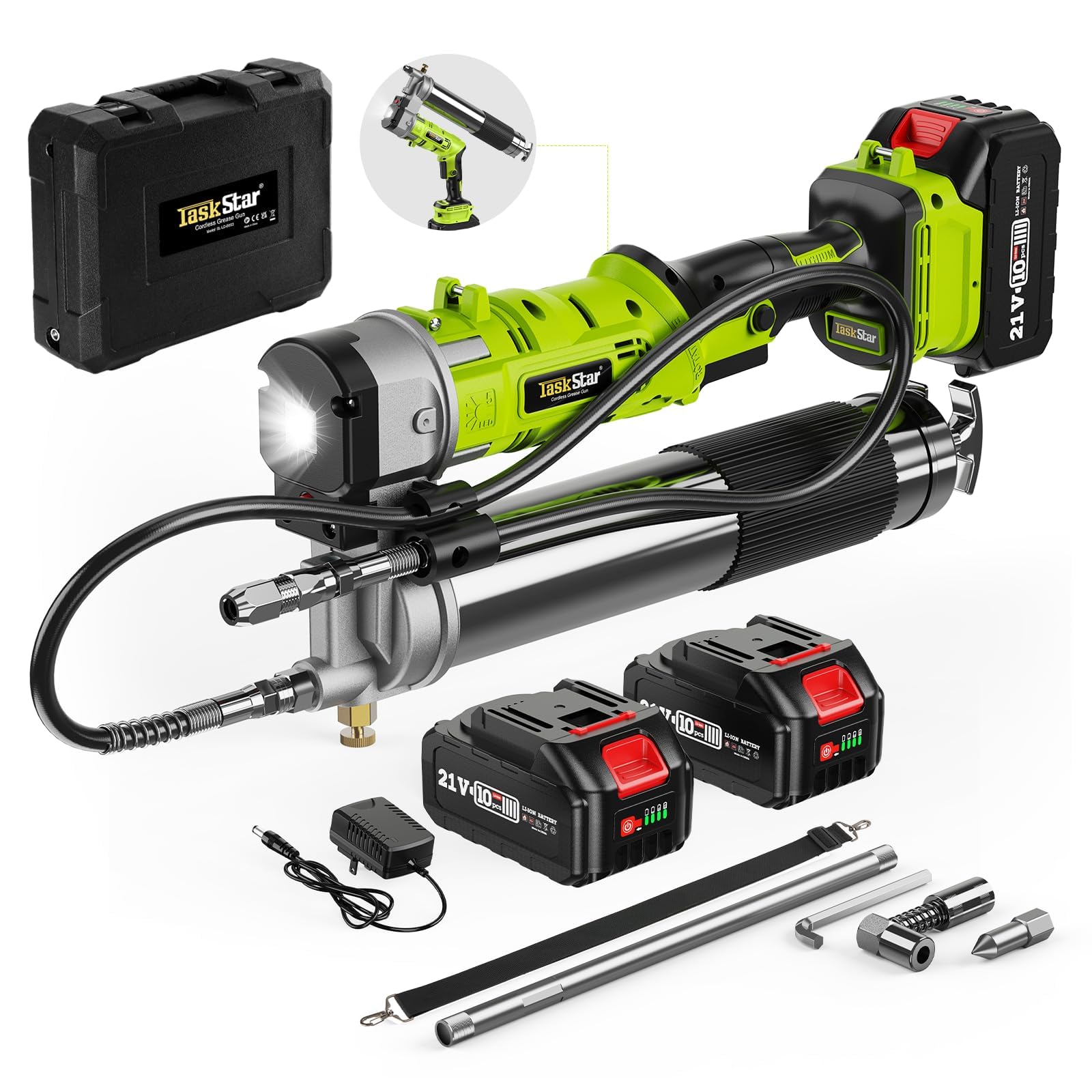 TaskStar 2-in-1 Electric Grease Pump with 2 x 4000 mAh Batteries, [Much Easier to Use] Grease Pump with 90 Degree Grease Gun Adapter and Bright LED Light