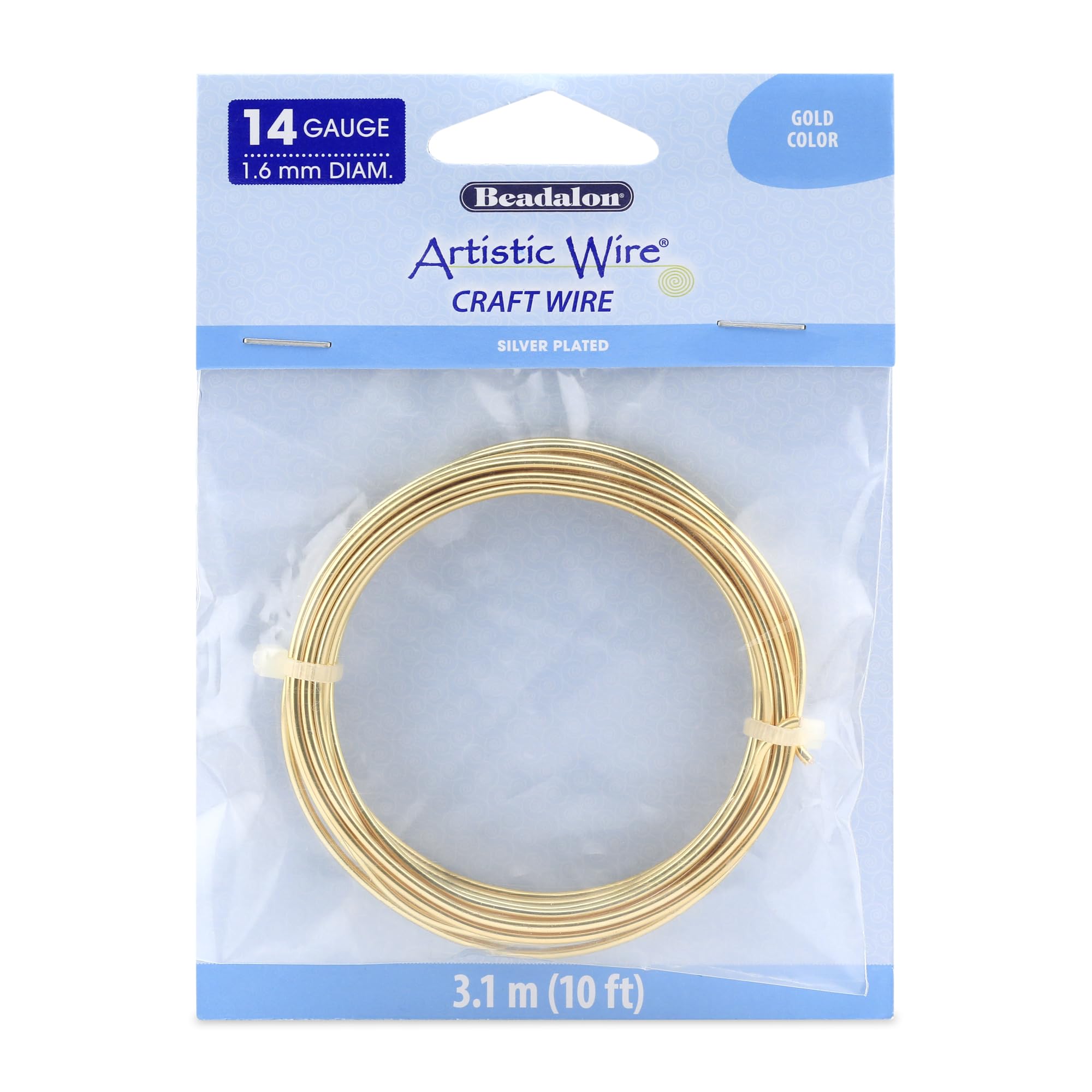 Artistic Wire, 14 Gauge / 1.6 mm Silver Plated Tarnish Resistant Copper Craft Wire, Gold Color, 10 ft / 3.1 m