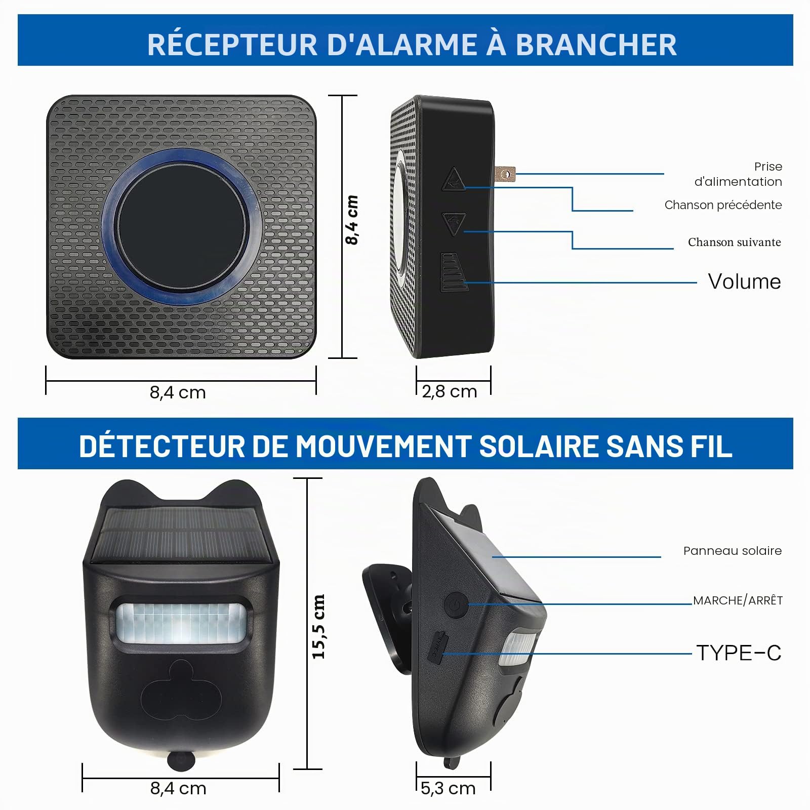 Alarme Maison sans Fil - Detecteur de Mouvement pour Entreprise/Magasin/Bureau - Alarme - Système d'alerte de sécurité à Monter soi-même (2 capteurs et 1 Sonnette)