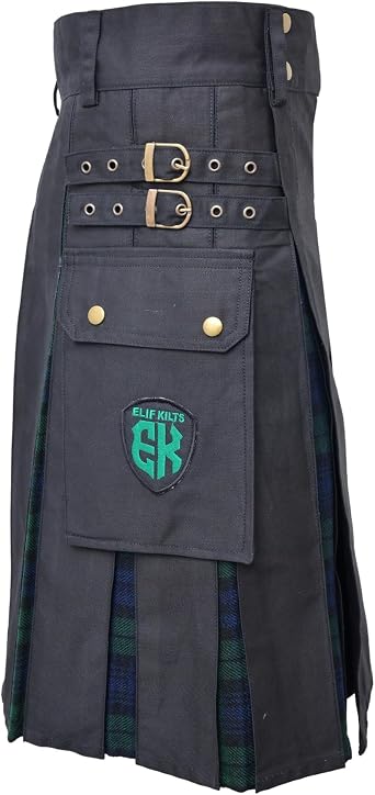 Modern Utility Kilts-Mens Scottish Plus Size Hybrid Black Cotton & Acrylic Wool Tartan Utility Kilts for Men
