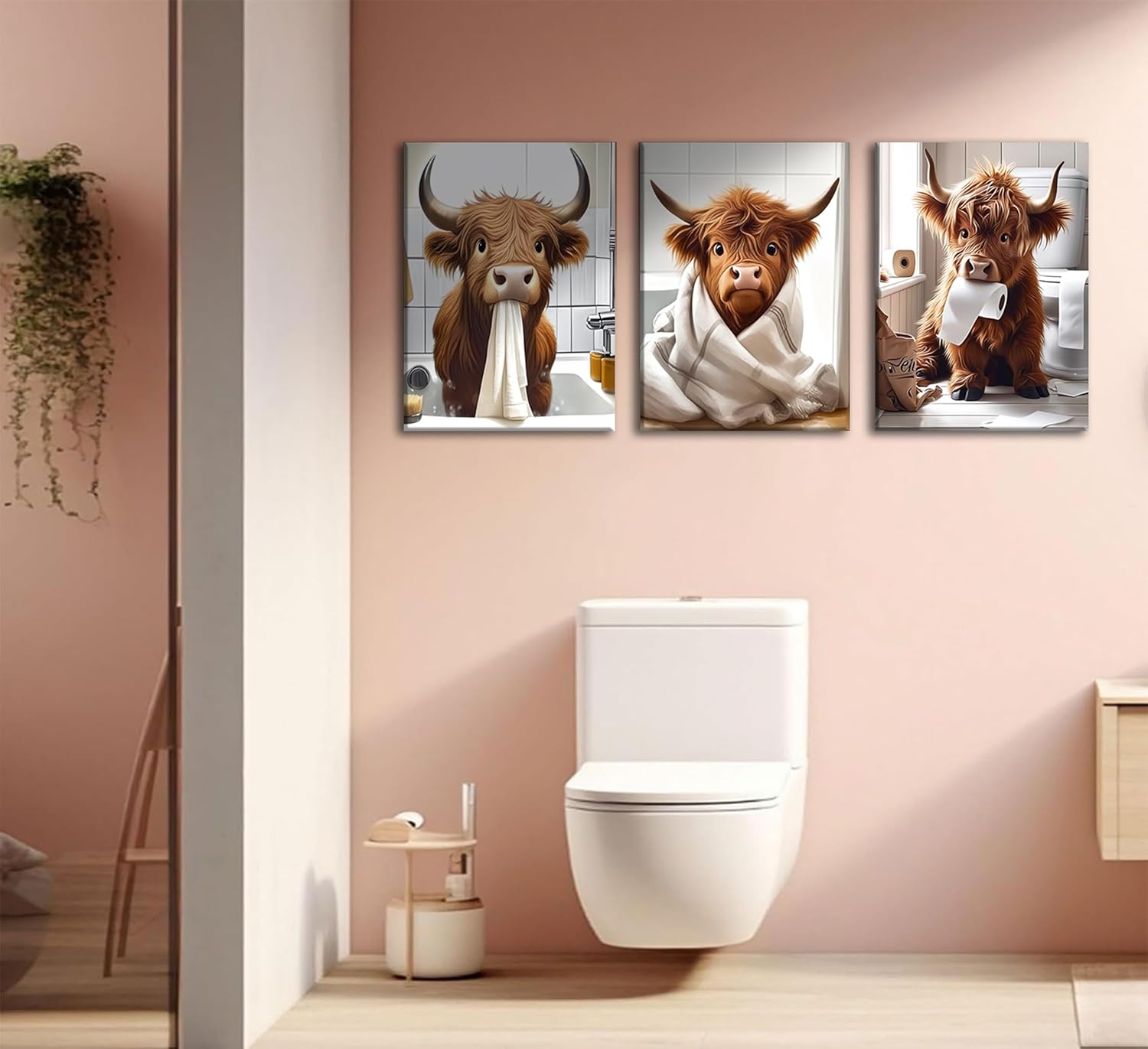 Funny Highland Cow Bathroom Wall Art Set of 3, Cute Brown Cow Pictures Wall Decor, Rustic Humor Farmhouse Animal Canvas Prints Paintings for Bathroom Restroom Toilet 16x24 inch Framed