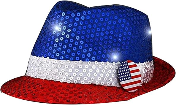 blinkee Star-Spangled Sparkle USA Flashing Fedora Hat with Red White and Blue Sequins