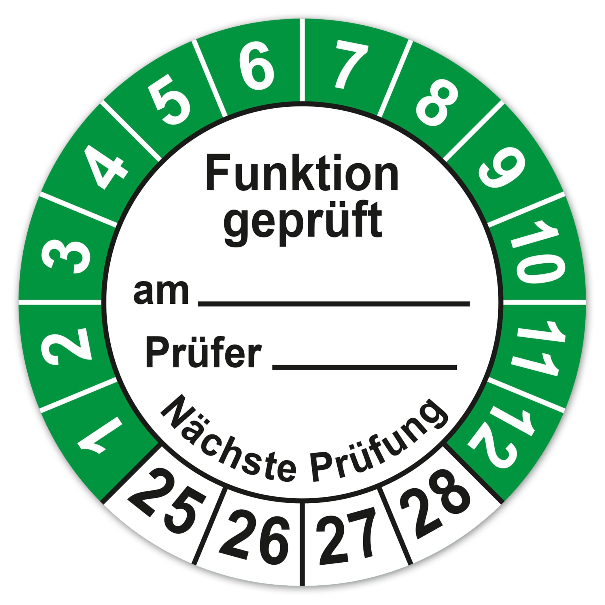 Prüfplaketten Funktion geprüft am durch nächste Prüfung mit Platzhalter ⌀30mm Prüfaufkleber 2025-2028 Prüfetiketten Vinyl Aufkleber Plakette selbstklebend wasserfest LTB011 (100)