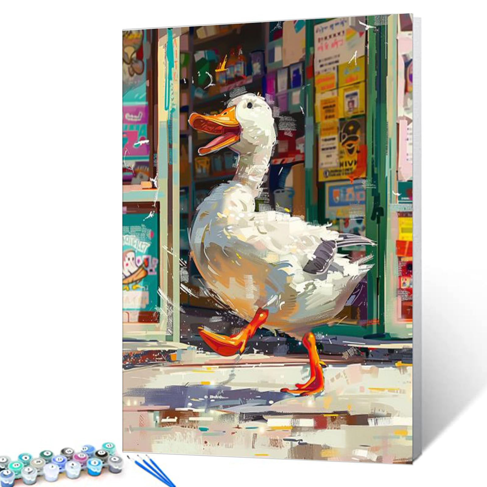 Tucocoo Cute White Duck Paint by Number Kits Grocery Store Canvas Acrylic Paint DIY Oil Painting for Students, Adults Room Funny Colorful Graffiti