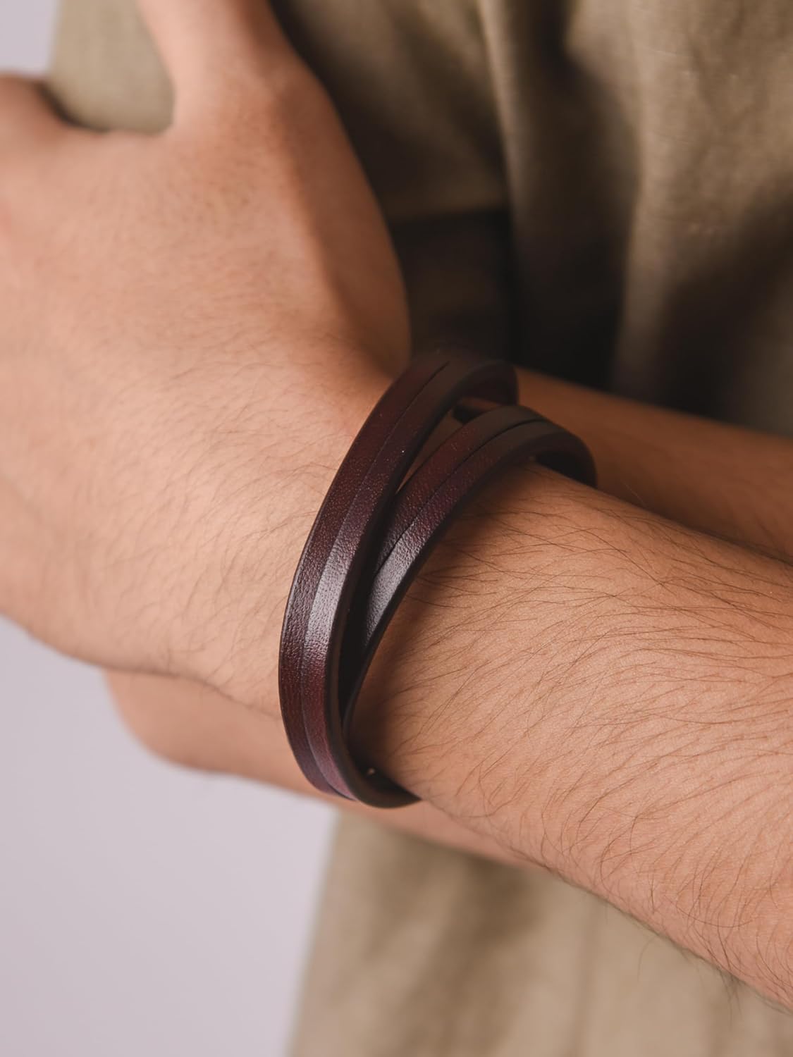 HAQUIL Artisanal Multi-Wrap Brown Leather Bracelet with Vintage Metal Accents for Men - Image 6