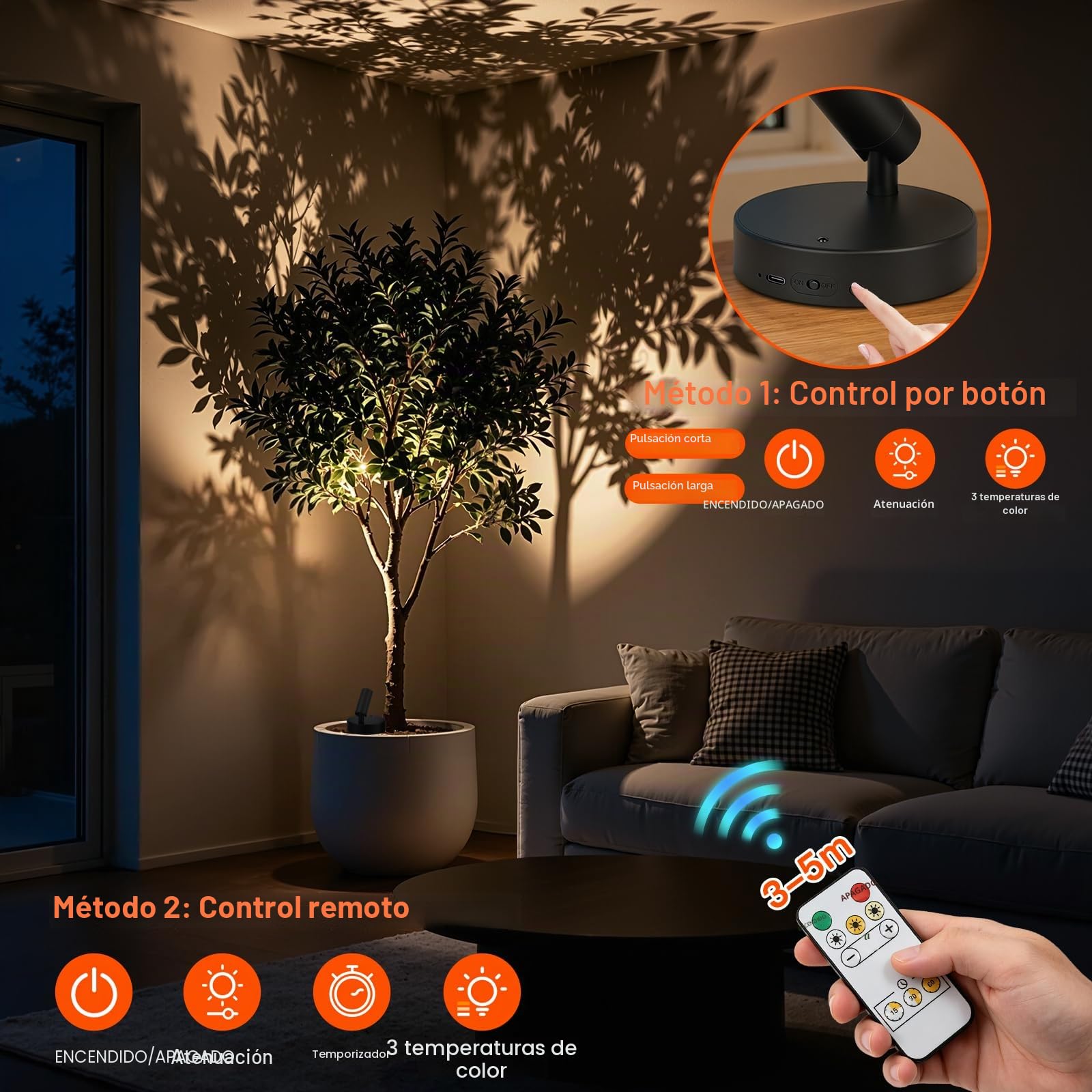 Ketom Aplique Pared Interior Regulable, Lampara Pared sin Cable, Foco LED Recargable, 3 Temperaturas de Color, con Control Remoto, Giratorio, para Planta Obras Arte Habitación Estar, Negro, 1 Pieza