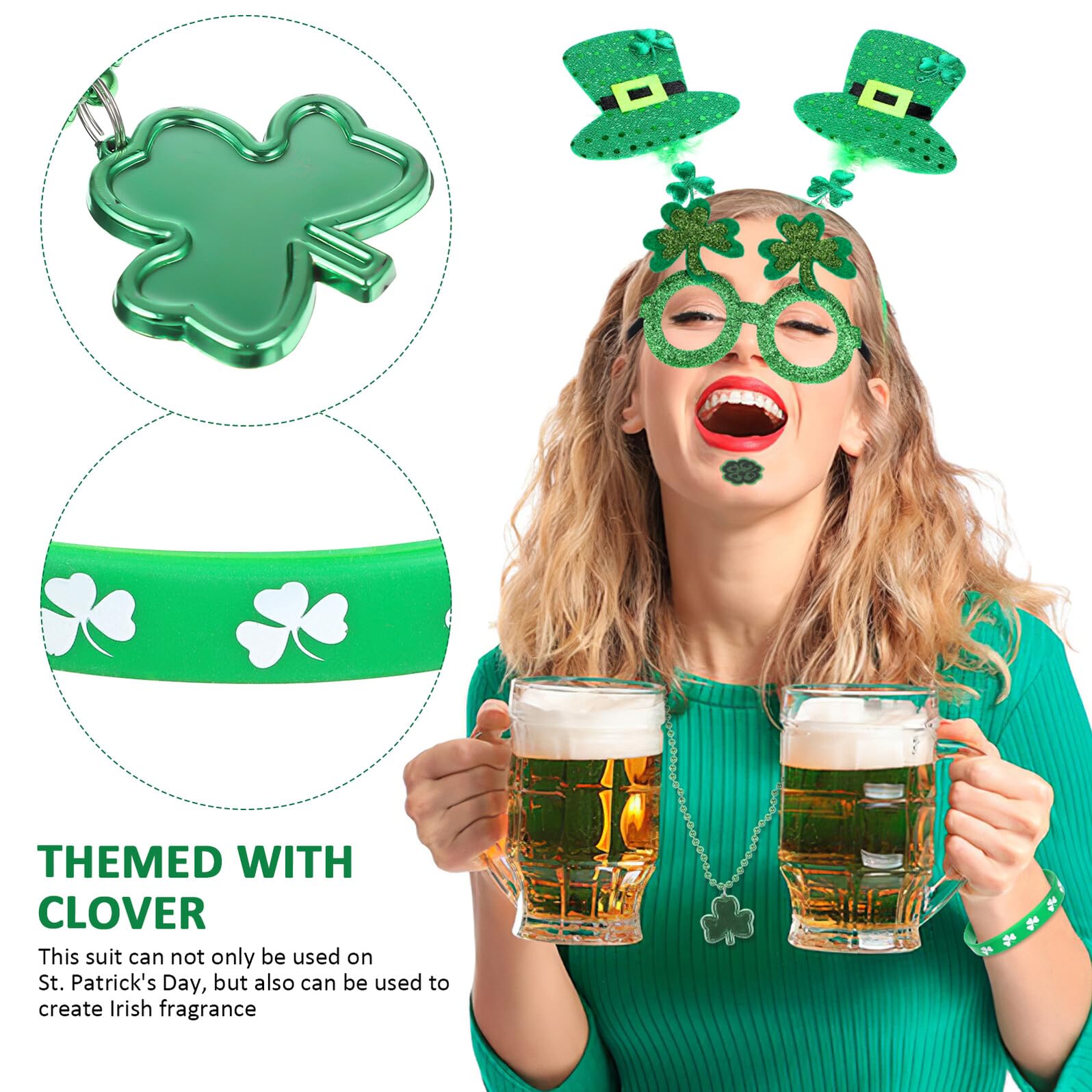GLEAVI Kit Festa San Patrizio 91 Pezzi con Occhiali, Cerchietti, Collane Trifoglio, Braccialetti e Adesivi per Travestimenti, Accessori per Party a Tema, Carnevale e Servizi Fotografici