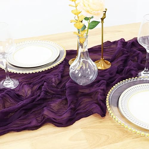 Camino de mesa de estopilla morada de 10 pies para mesas, camino de mesa de gasa rústica, tela de queso, tela de gasa de boda, caminos de mesa